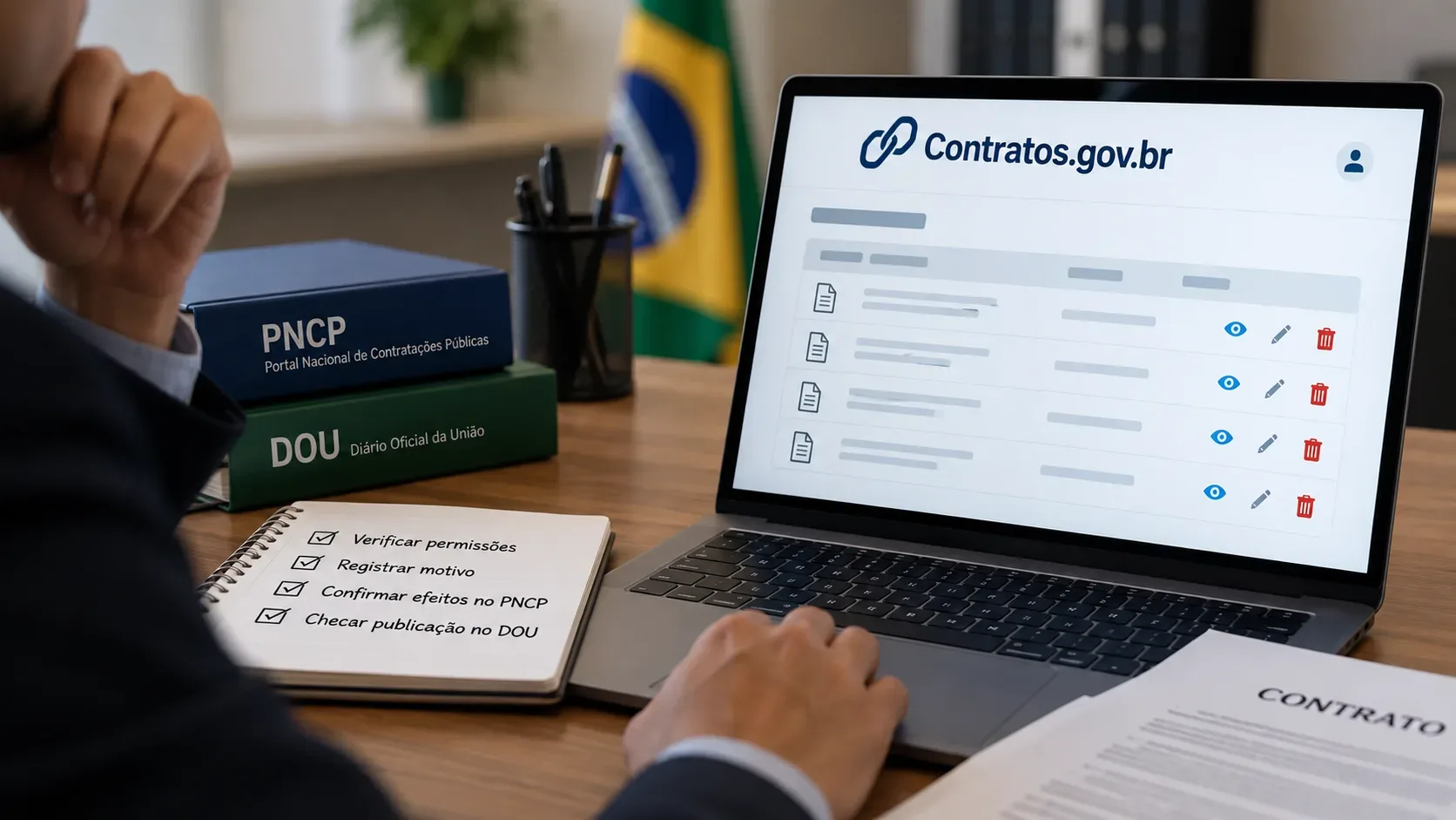 Mesa de trabalho com notebook exibindo o Contratos.gov.br, pastas do PNCP e DOU e checklist de exclusão de contrato.