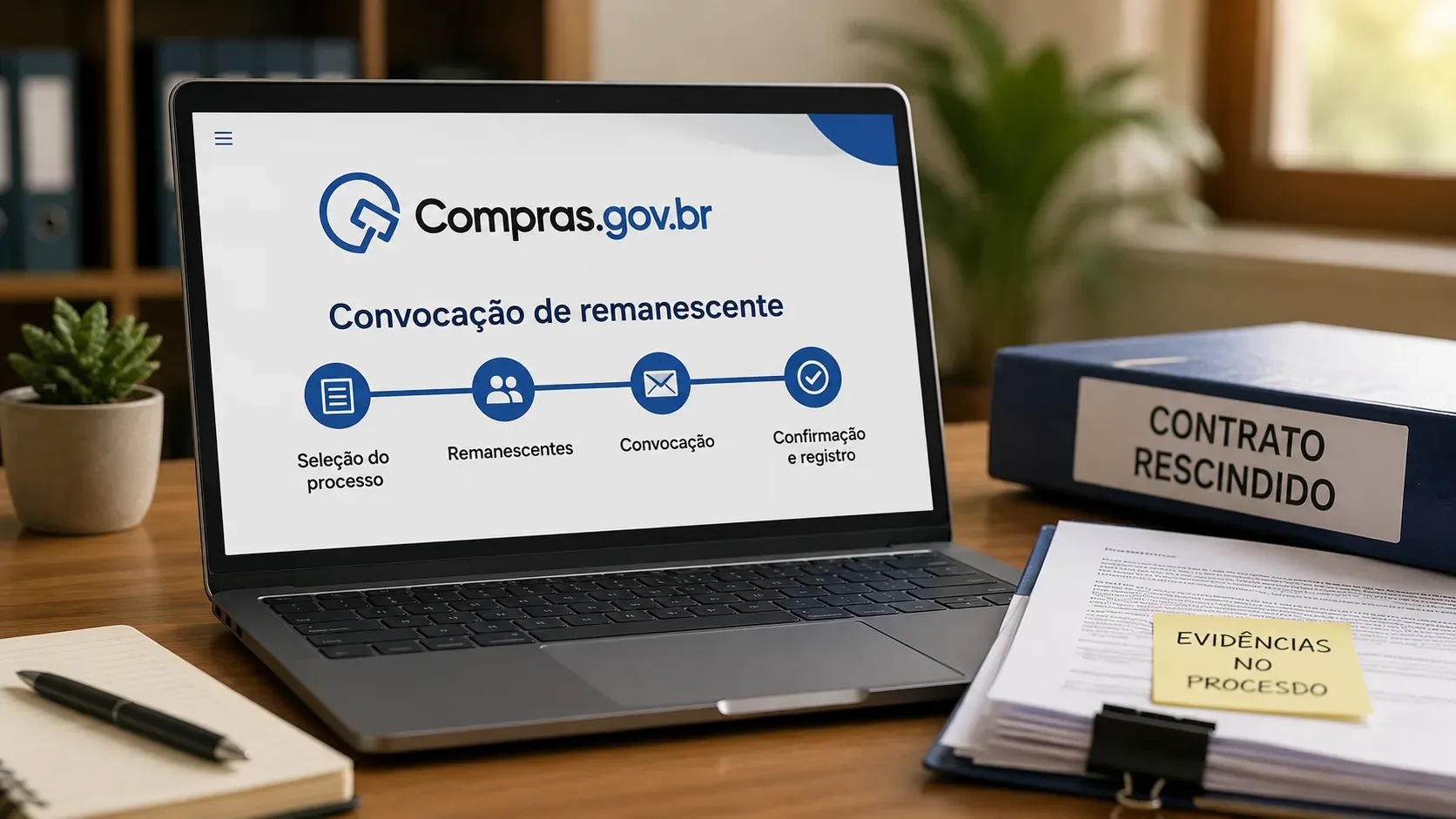 Notebook com tela do Compras.gov.br mostrando o fluxo de convocação de remanescente, ao lado de pasta de contrato rescindido e documentos do processo.