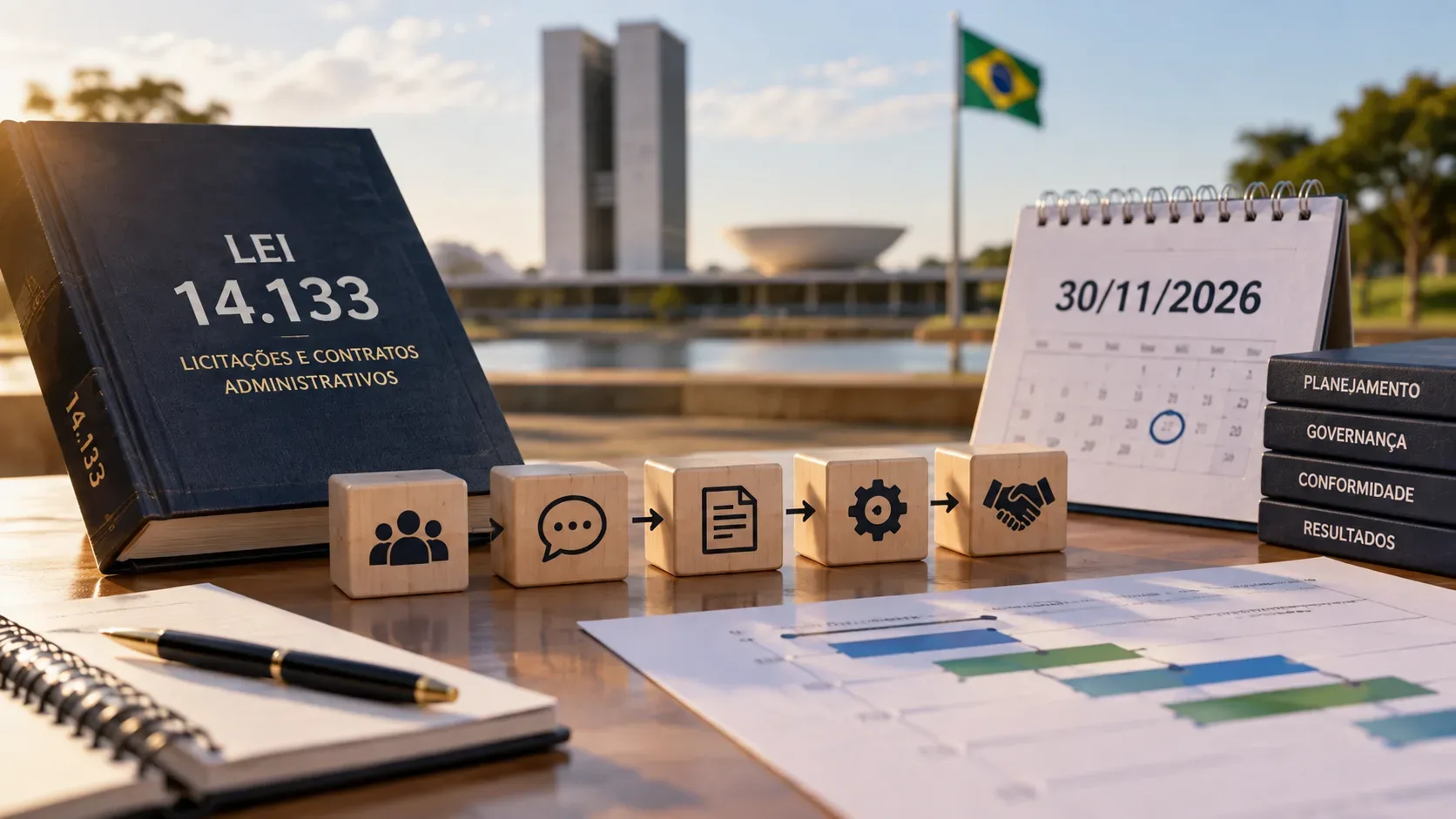 Mesa de trabalho sobre licitações públicas com referência à Lei 14.133, calendário de 30 de novembro de 2026 e elementos de planejamento e governança.