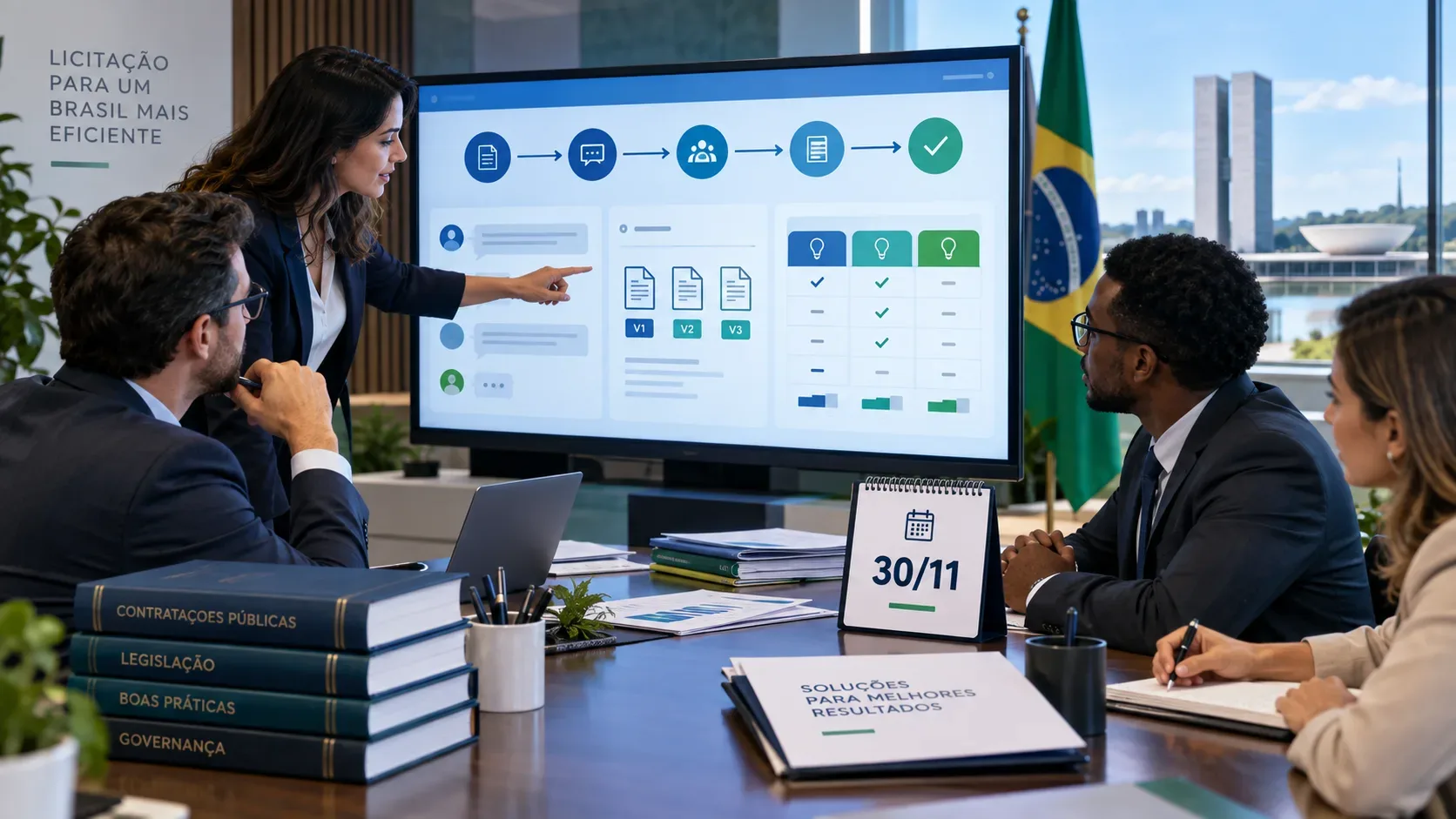 Equipe de contratação reunida diante de tela com fluxo de compras públicas, bandeira do Brasil e calendário 30/11 em ambiente institucional em Brasília.