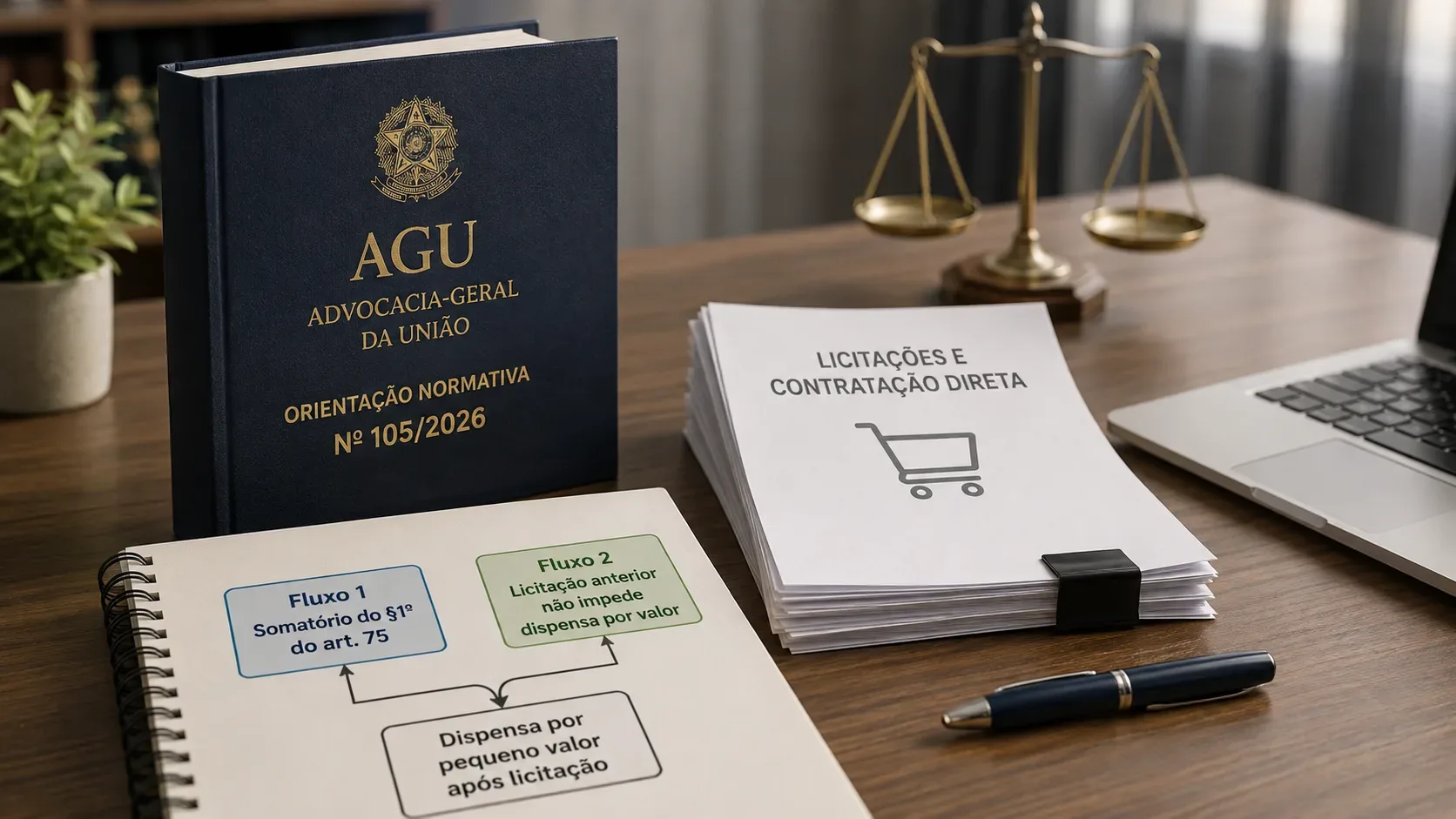 Mesa de escritório jurídico com livro azul identificado com a AGU e a ON 105/2026, balança da justiça, notebook, documentos e caderno com fluxos de contratação direta.