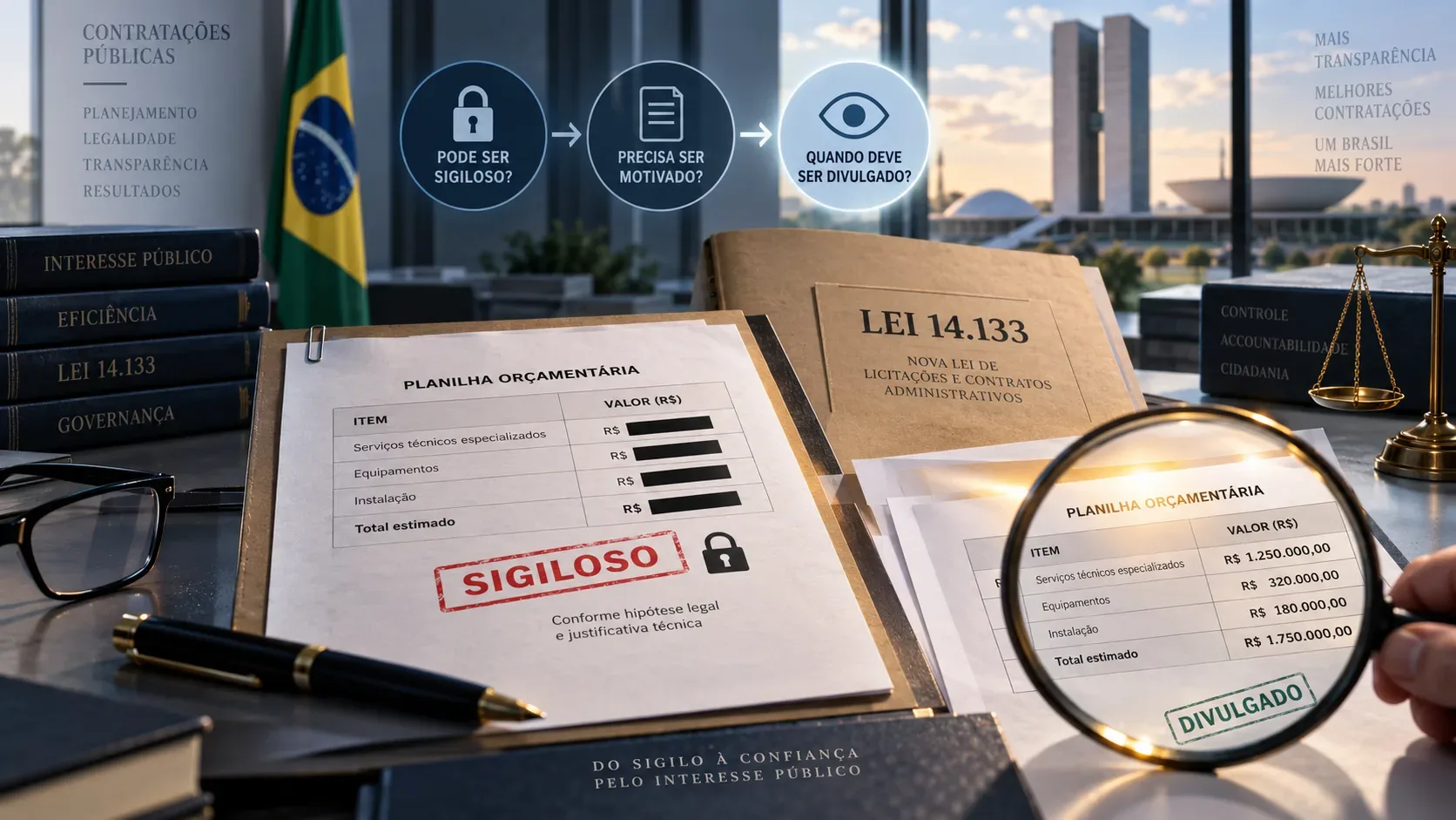 Mesa com documentos de licitação, planilhas orçamentárias com valores ocultos e revelados sob uma lupa, pasta da Lei 14.133, cadeado e balança ao fundo.