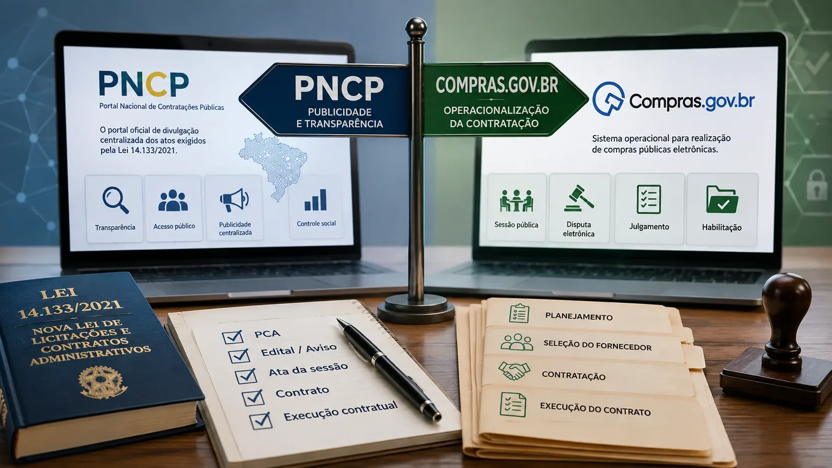 Dois notebooks exibem PNCP e Compras.gov.br, separados por placas indicativas, com livro da Lei 14.133, checklist de PCA, edital, ata e contrato e pastas de contratação sobre uma mesa.