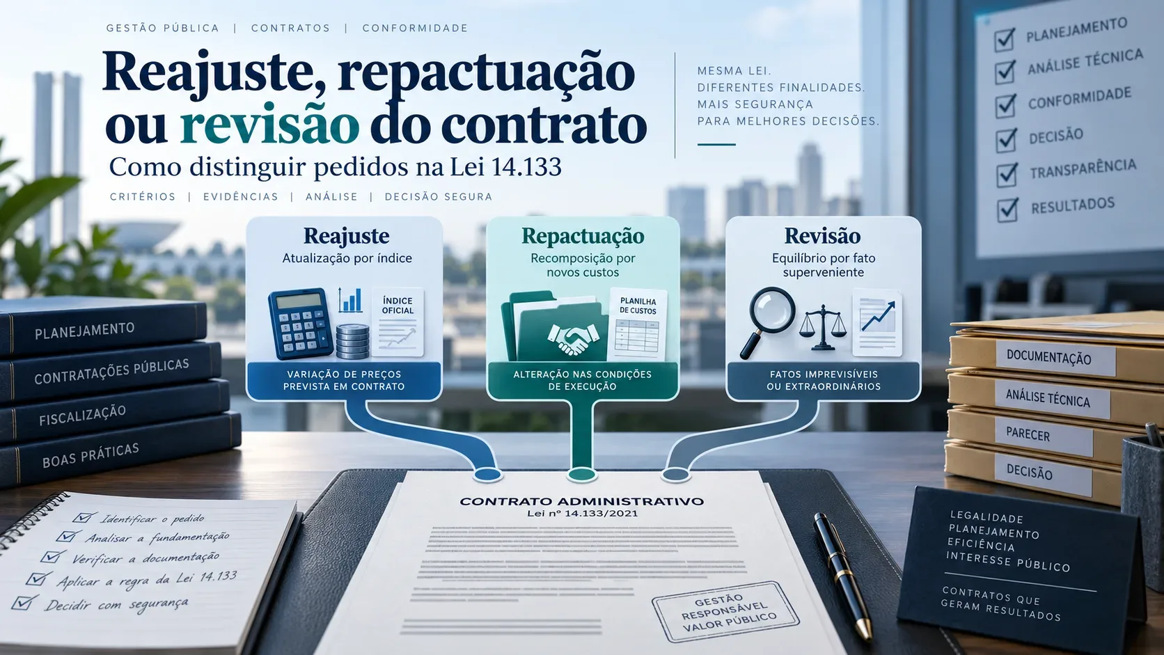 Mesa de gestão contratual com documento de contrato administrativo e três trilhas visuais para reajuste, repactuação e revisão, cercadas por pastas, livros e checklists.