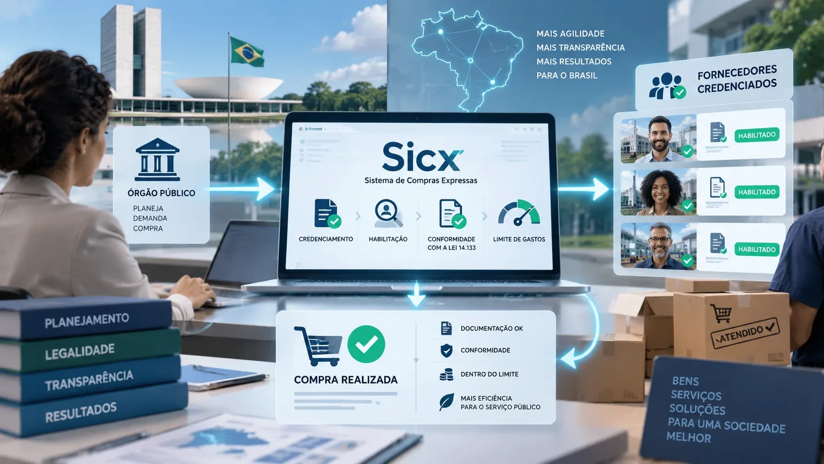 Laptop com interface do Sicx ao centro, comprador público à esquerda, fornecedores credenciados à direita e setas indicando o fluxo até a compra concluída, com prédio governamental ao fundo.