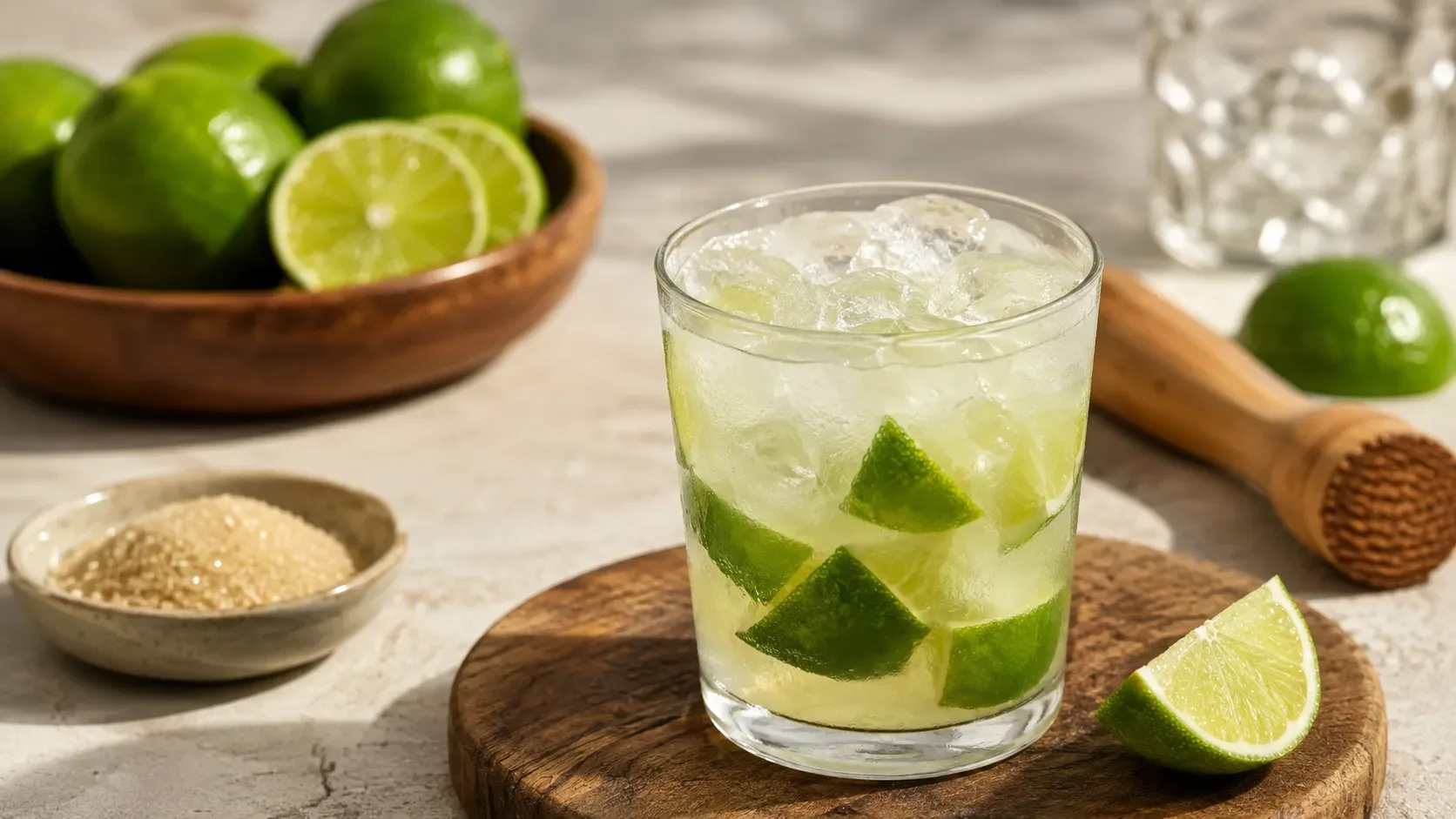 Copo baixo com caipirinha de limão, cachaça, açúcar e gelo sobre uma superfície neutra, com limão cortado ao lado.