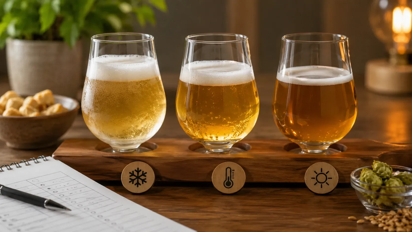 Ficha de teste cego de cerveja com três temperaturas e campos para registrar aroma, amargor, gás e preferência.