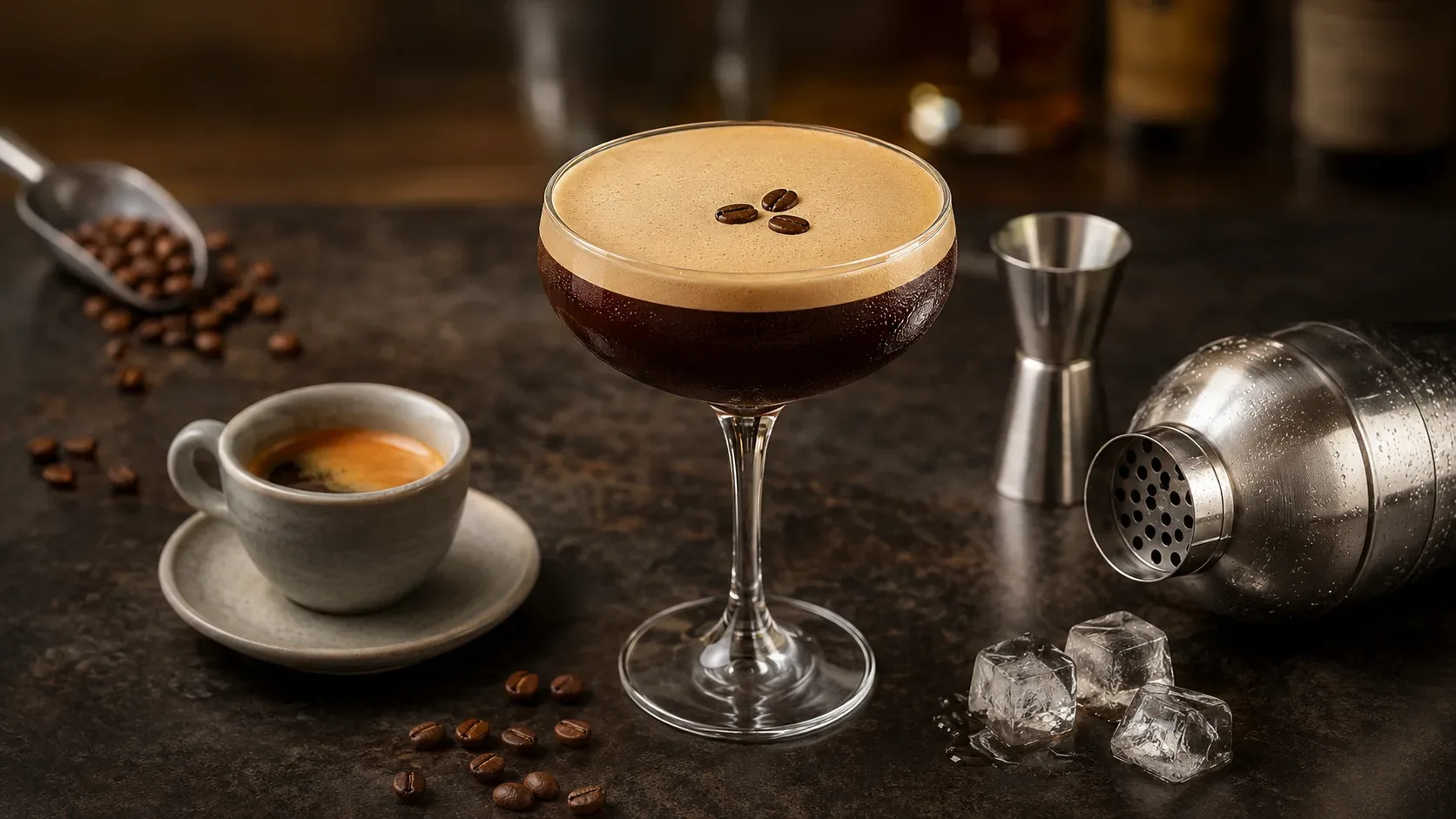 Taça de Espresso Martini com camada uniforme de espuma, acompanhada por uma xícara de espresso e uma coqueteleira.
