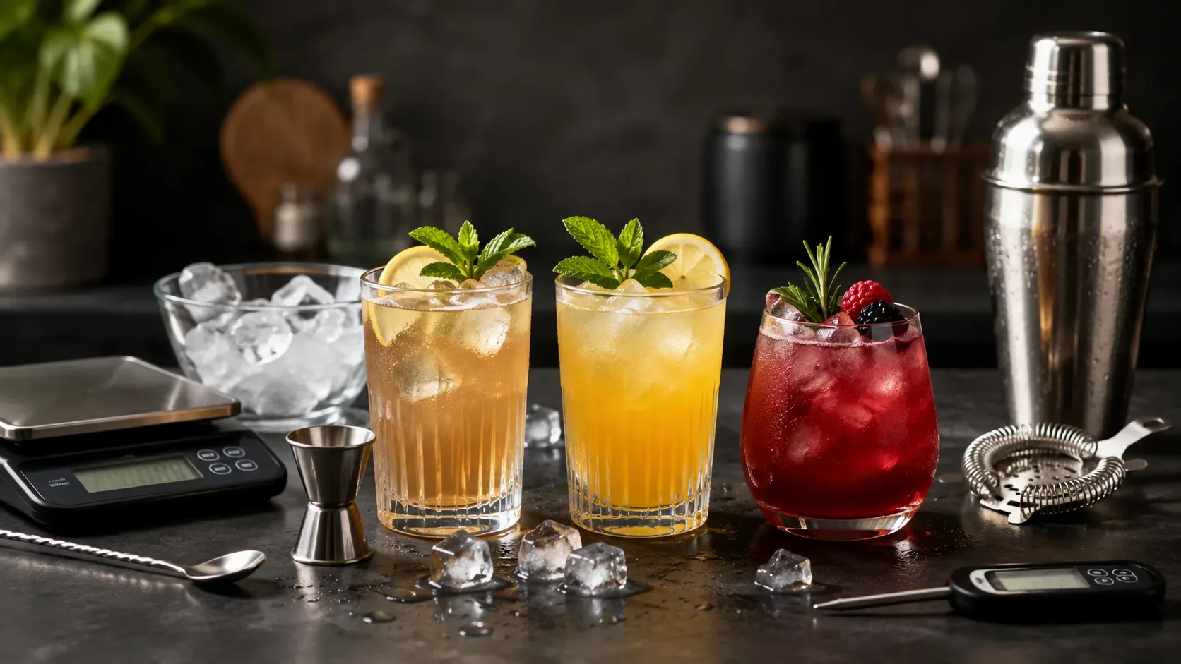 Três coquetéis sem álcool com diferentes níveis de açúcar ao lado de balança, termômetro e cubos de gelo usados no teste de diluição.