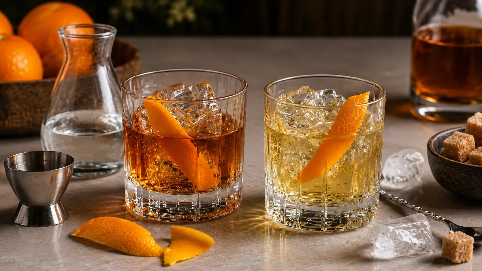 Dois copos de Old Fashioned lado a lado, um alcoólico e outro 0,0%, com água medida e cubos de gelo sobre uma bancada neutra.