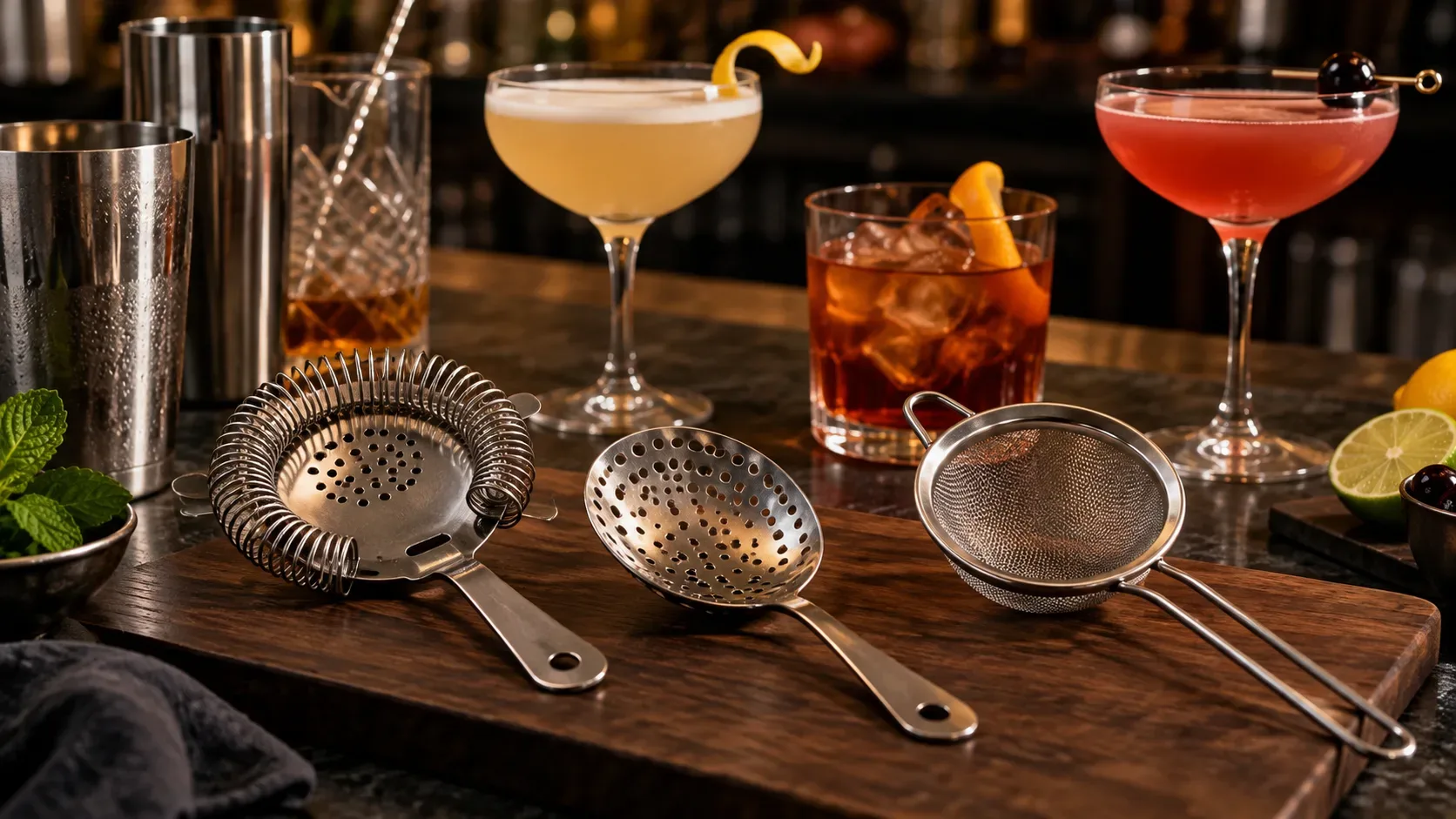 Coador Hawthorne, coador Julep e peneira fina sobre uma tábua de bar, com coqueteleira, mixing glass e coquetéis ao fundo.