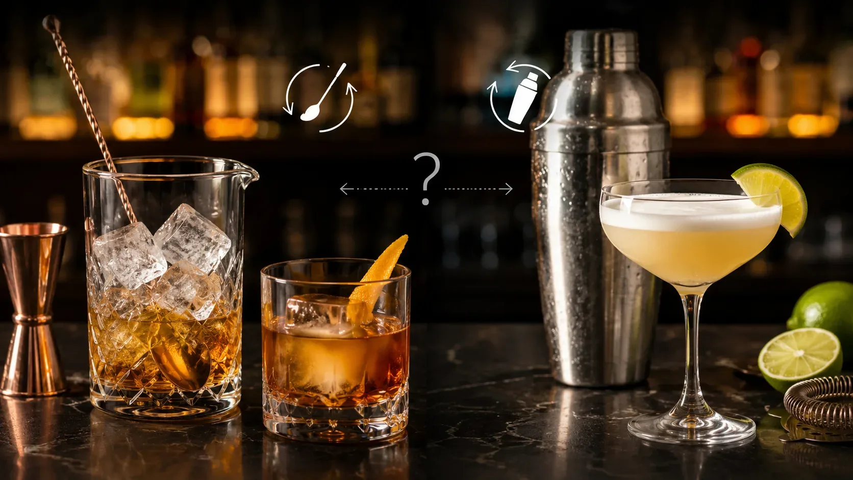 Bancada de bar com mixing glass e coquetel âmbar à esquerda, shaker metálico e drink espumoso com limão à direita, indicando a comparação entre mexer e bater.