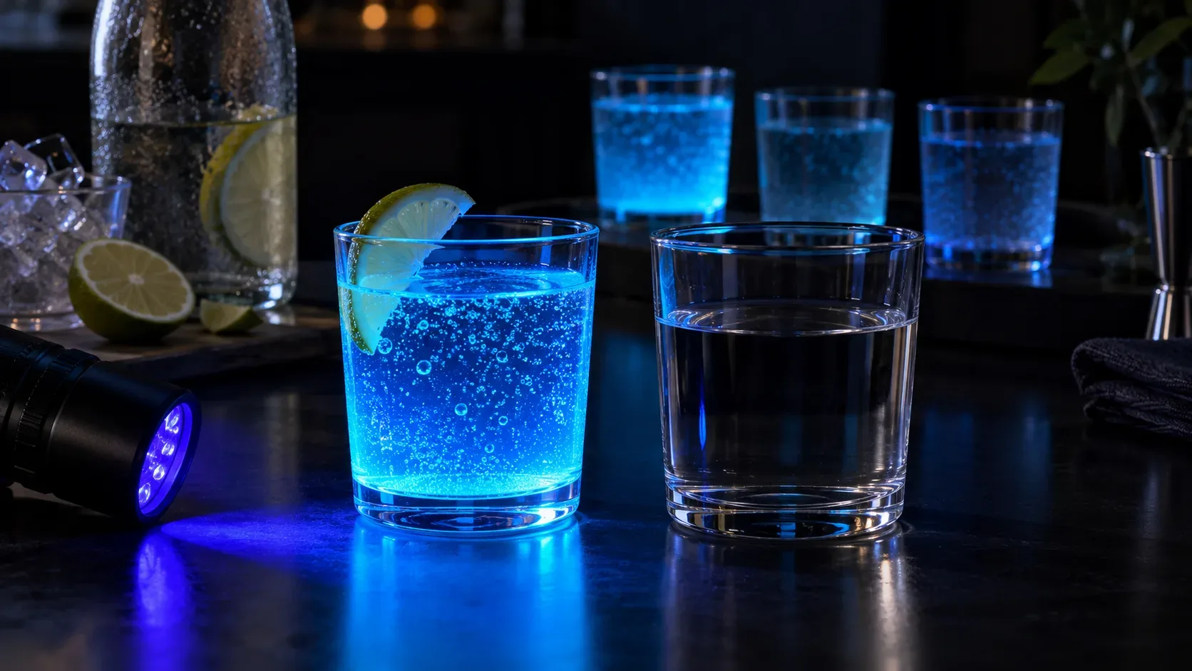 Copo de água tônica brilhando em azul sob uma lanterna UV ao lado de um copo de água transparente que permanece sem brilho.