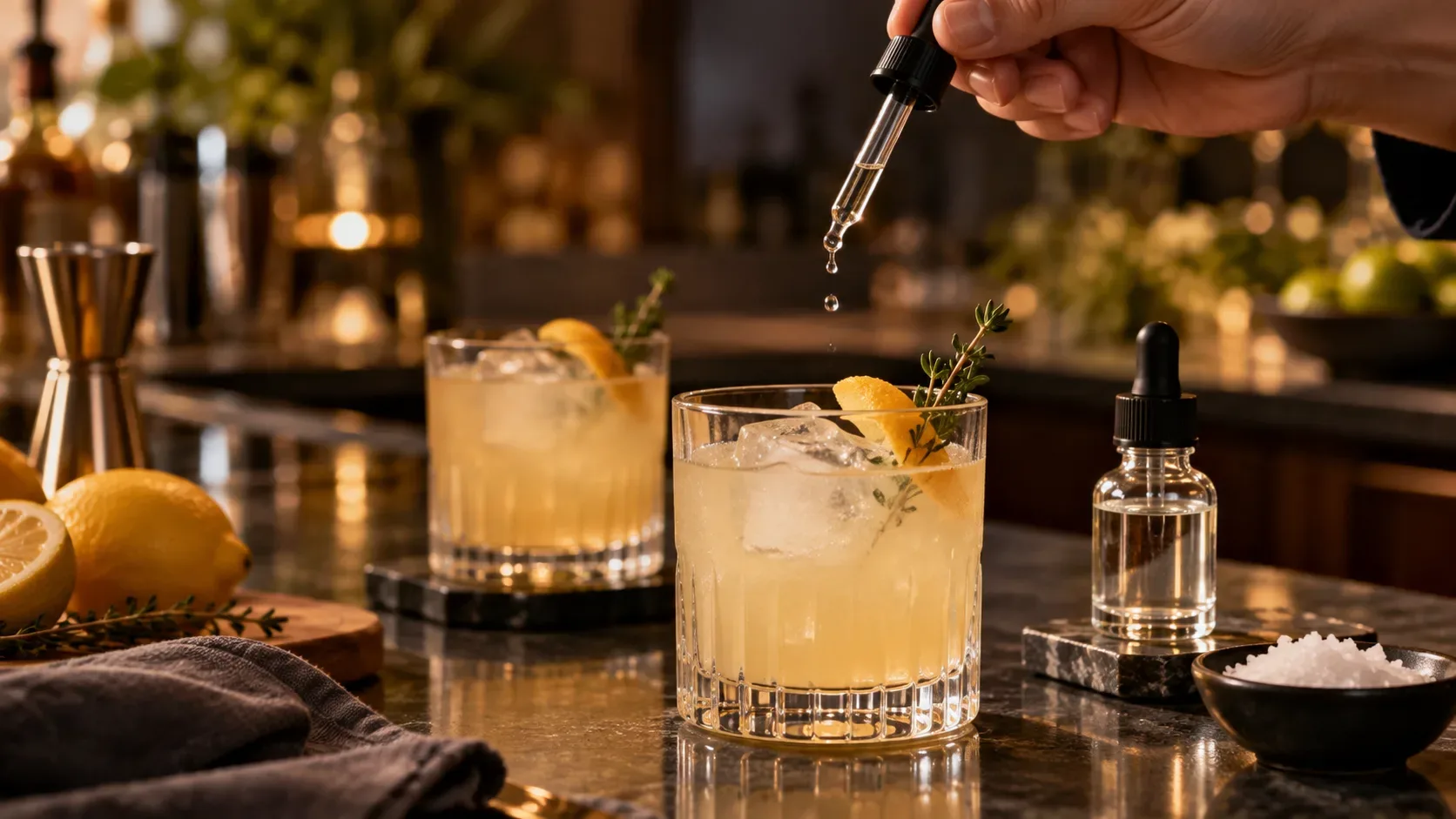 Mão usa conta-gotas para adicionar solução salina a um coquetel cítrico, com outro drink, frasco de conta-gotas e sal ao lado.