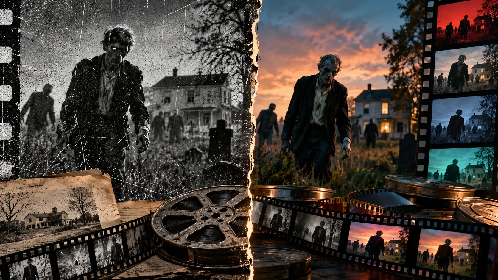 Composição dividida mostra cena de horror em preto e branco com película riscada à esquerda e versão colorida restaurada à direita, cercadas por rolos e tiras de filme.