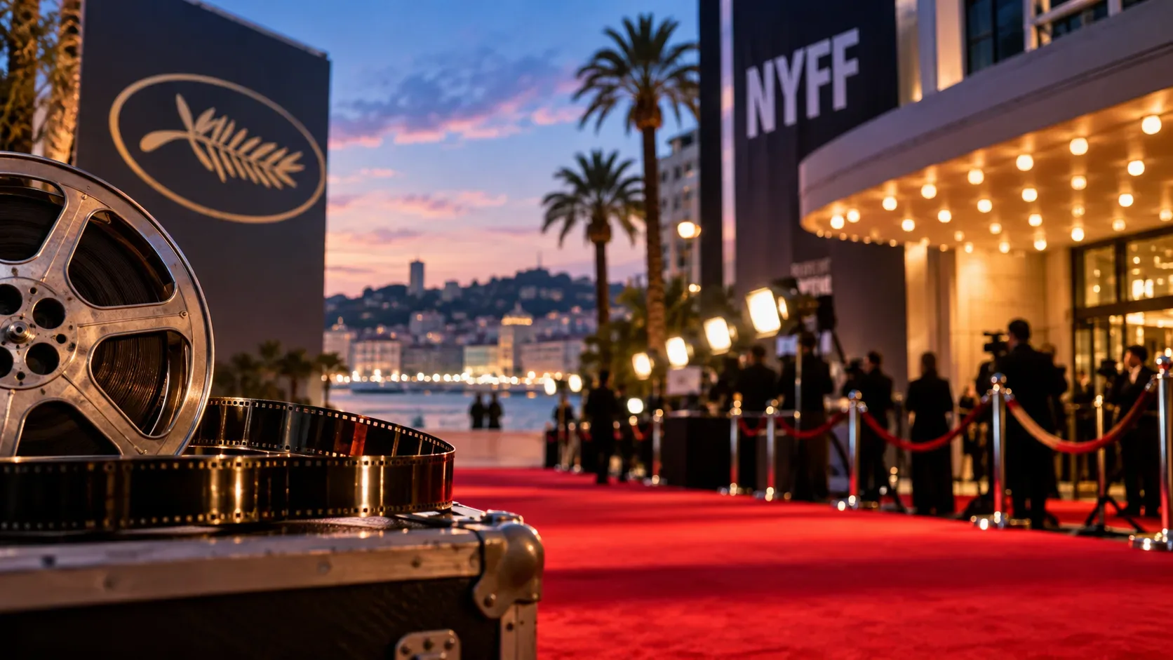 Rolo de filme em primeiro plano diante de tapete vermelho, palmeiras e entrada iluminada de festival de cinema com sinalização do NYFF ao entardecer.