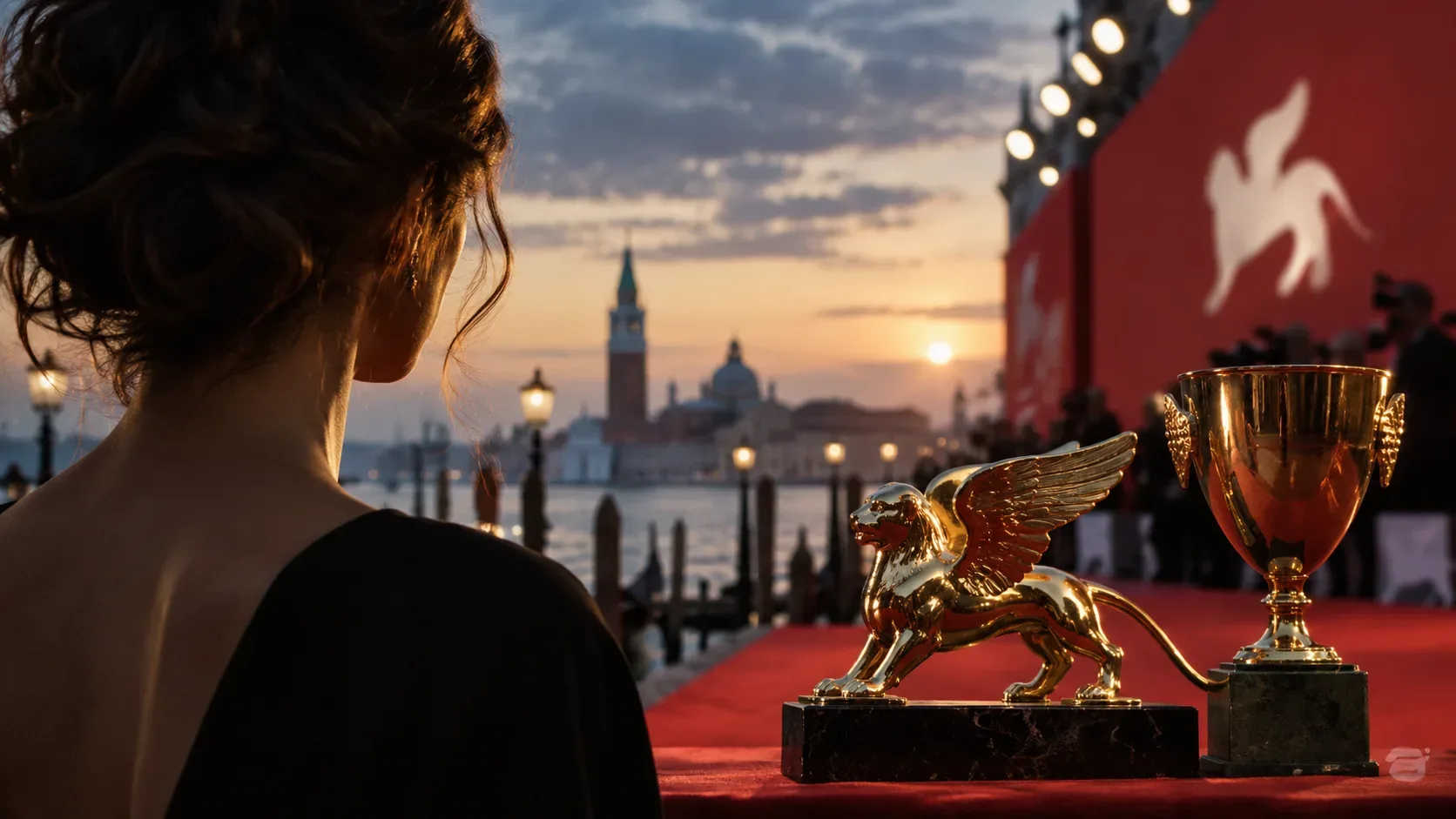 Mulher vista de costas diante da paisagem de Veneza ao entardecer, com um troféu de leão alado dourado e uma taça sobre o tapete vermelho.