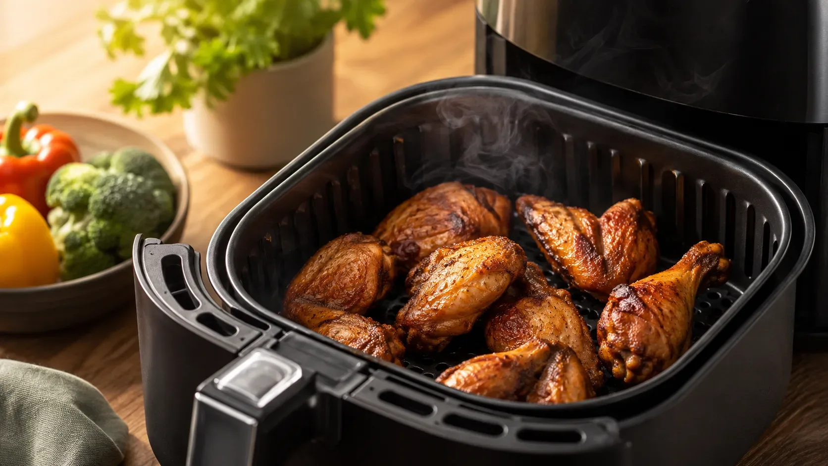 Cesto de air fryer com alimentos distribuídos com espaço entre as peças para permitir a circulação do ar quente.