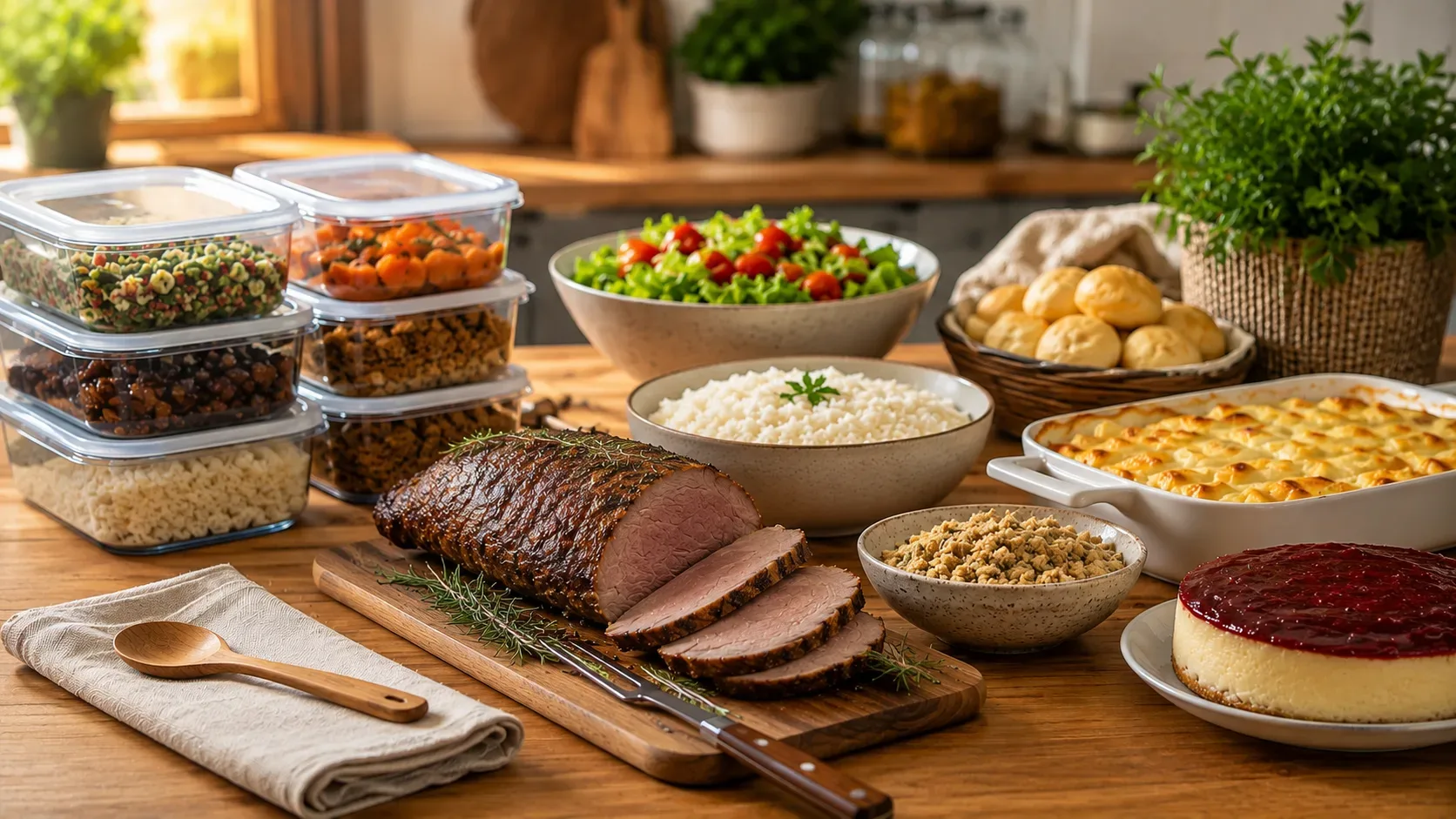 Linha do tempo de quinta a domingo com compras, preparo, resfriamento, uso do forno e finalização do almoço para seis pessoas.