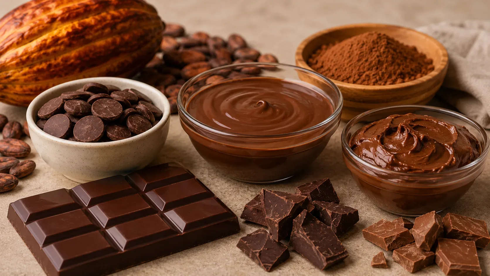 Embalagens genéricas de chocolate e cobertura lado a lado, representando a comparação entre nomes, ingredientes e percentuais de cacau nos rótulos.