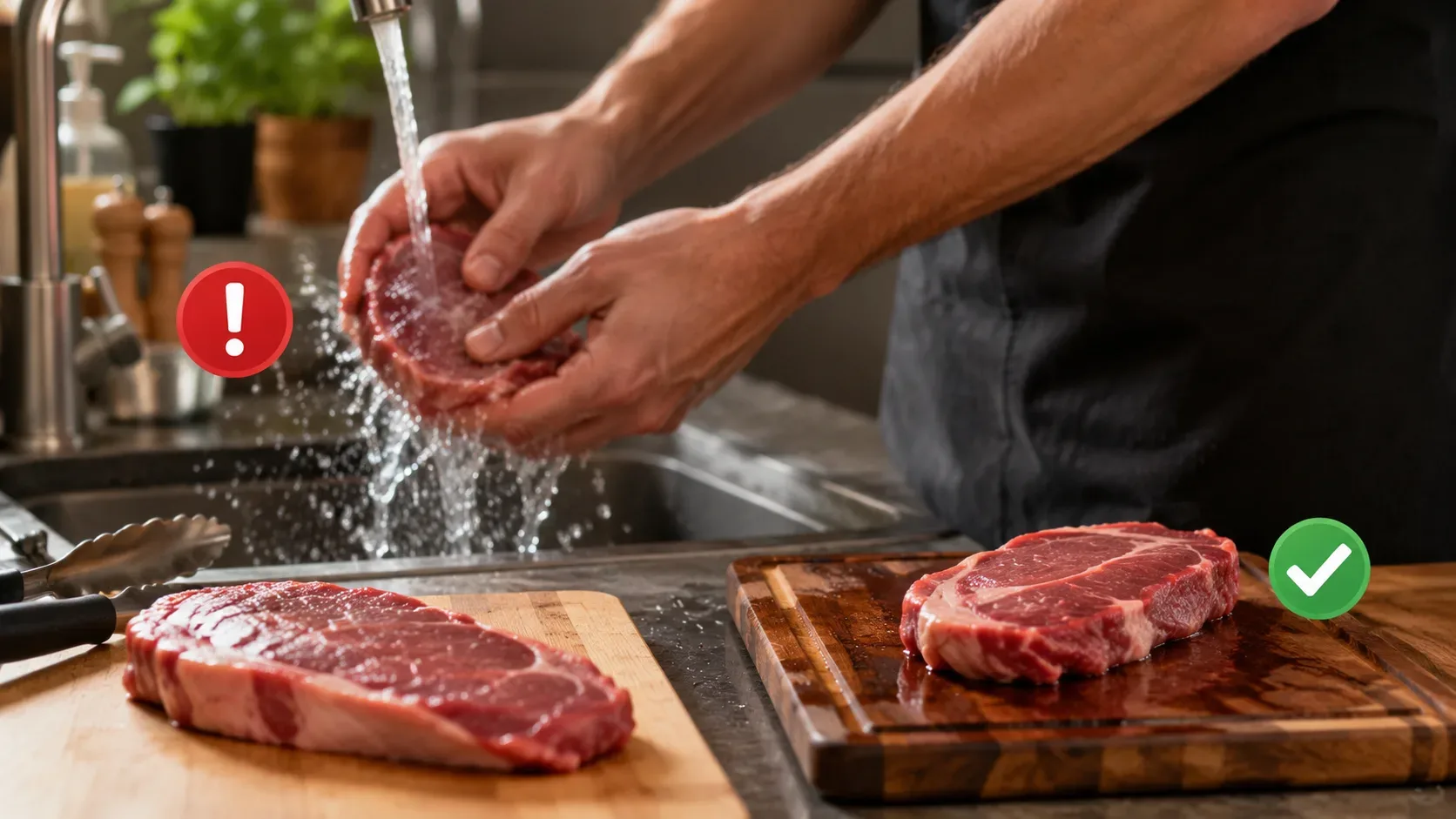 Duas tábuas separadas durante o preparo de um churrasco, uma destinada à carne crua e outra mantida limpa para alimentos prontos.