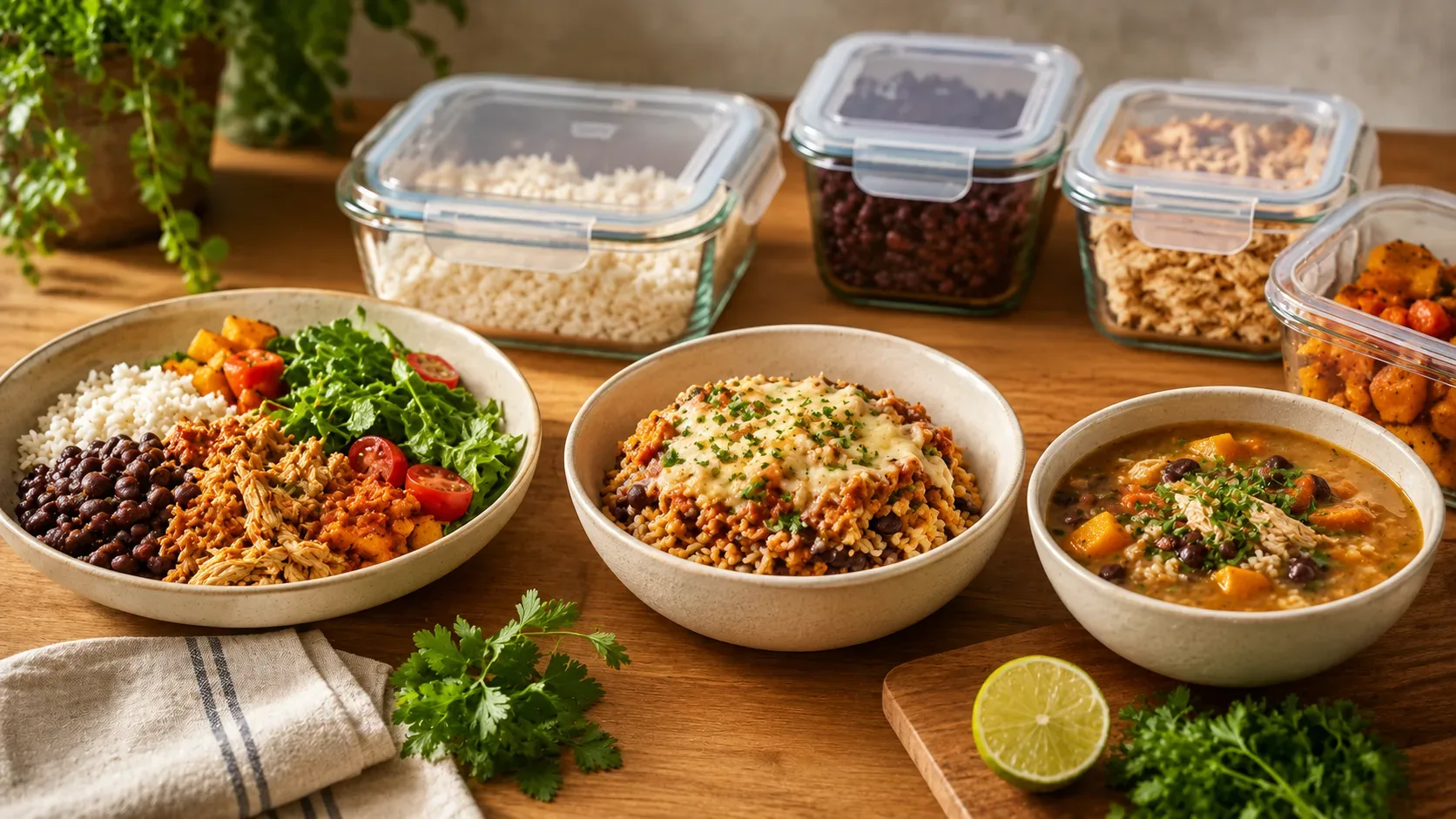 Três pratos diferentes montados com arroz, feijão, frango e legumes preparados em lote, com recipientes de armazenamento ao fundo.