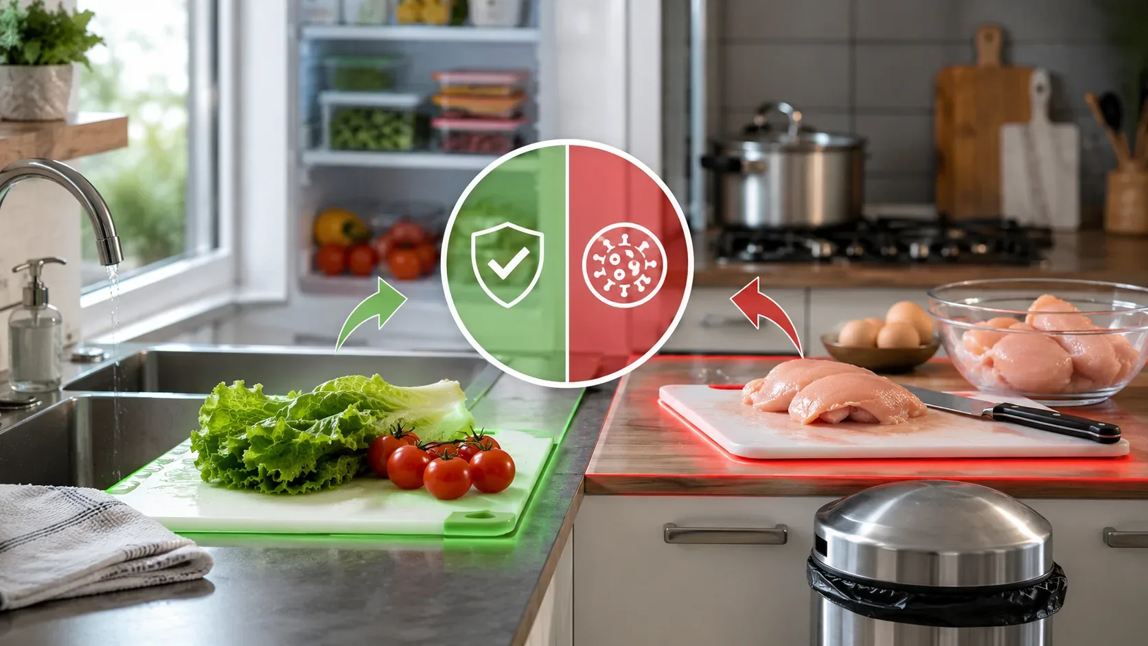 Infográfico horizontal com fluxo limpo e sujo na cozinha, termômetro, geladeira e separação entre alimentos crus e prontos.