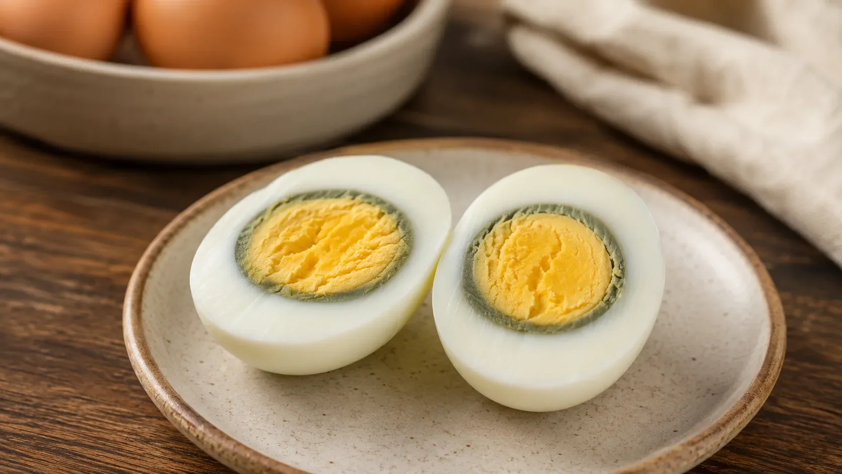 Ovo cozido cortado ao meio mostrando um anel verde-acinzentado ao redor da gema amarela