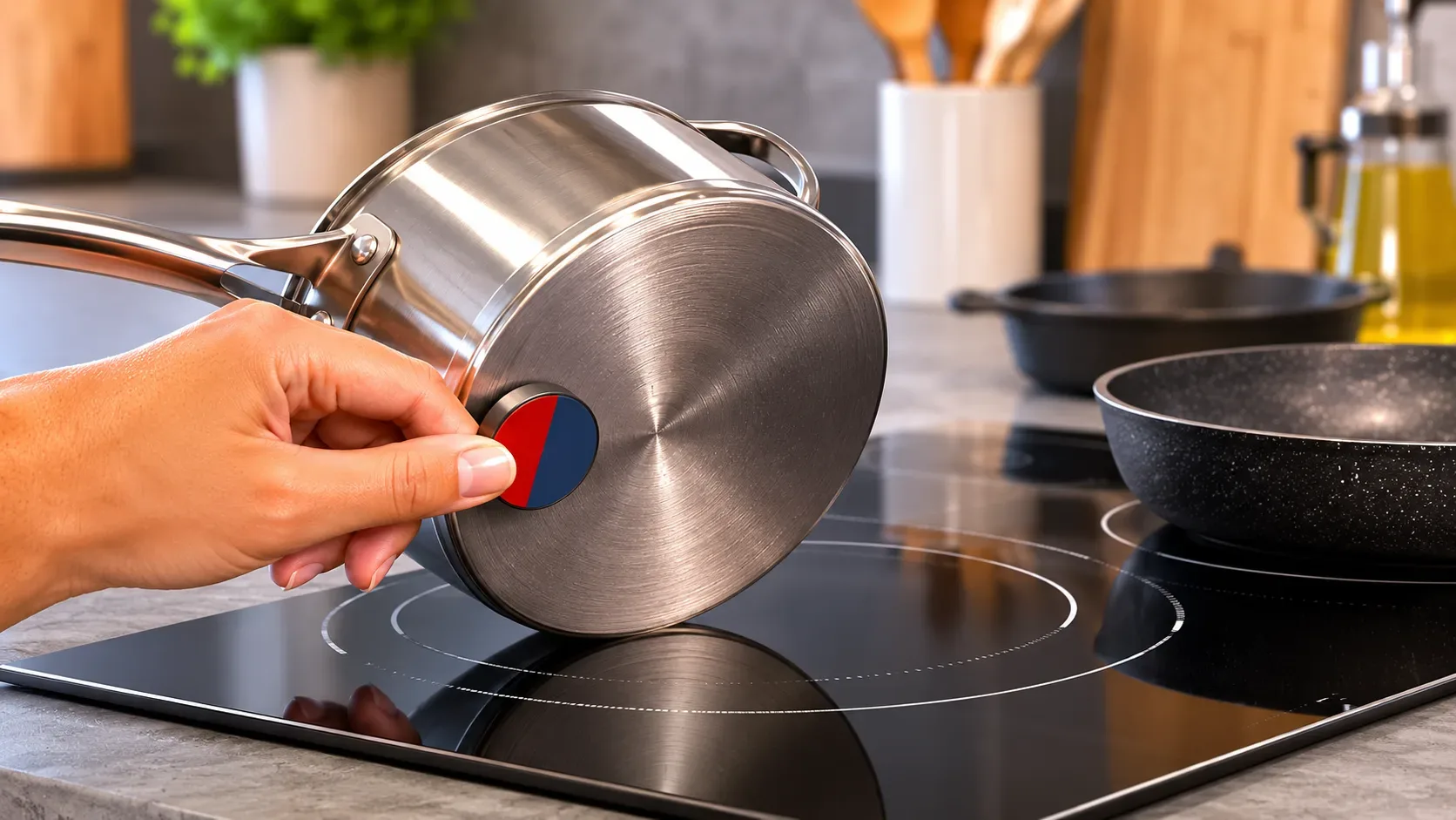 Panela sobre uma zona de cooktop de indução com um ímã encostado no fundo para verificar a compatibilidade magnética.
