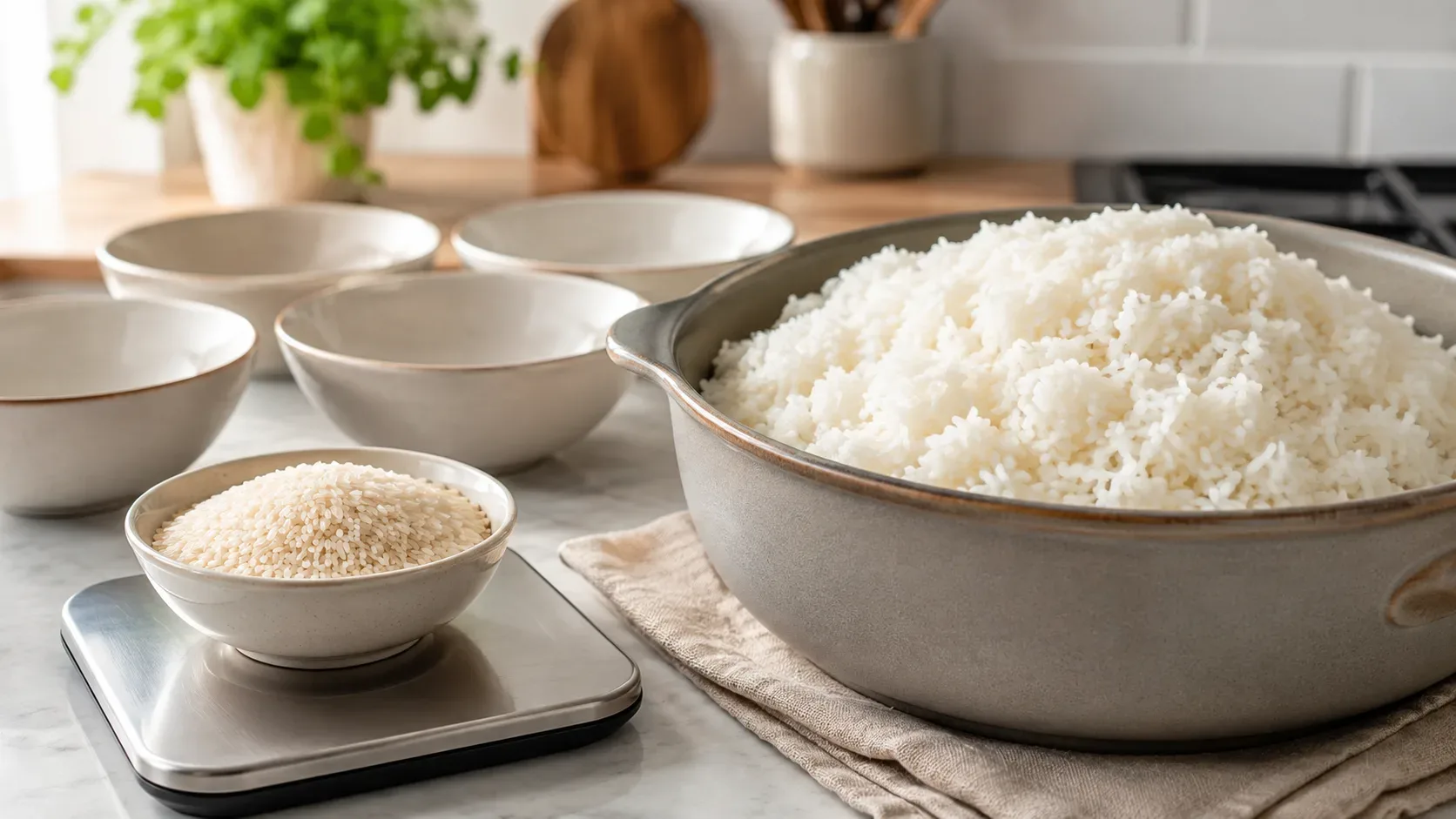 Tigela pequena com arroz cru sobre uma balança ao lado de um recipiente grande com arroz branco cozido e tigelas de porção ao fundo.