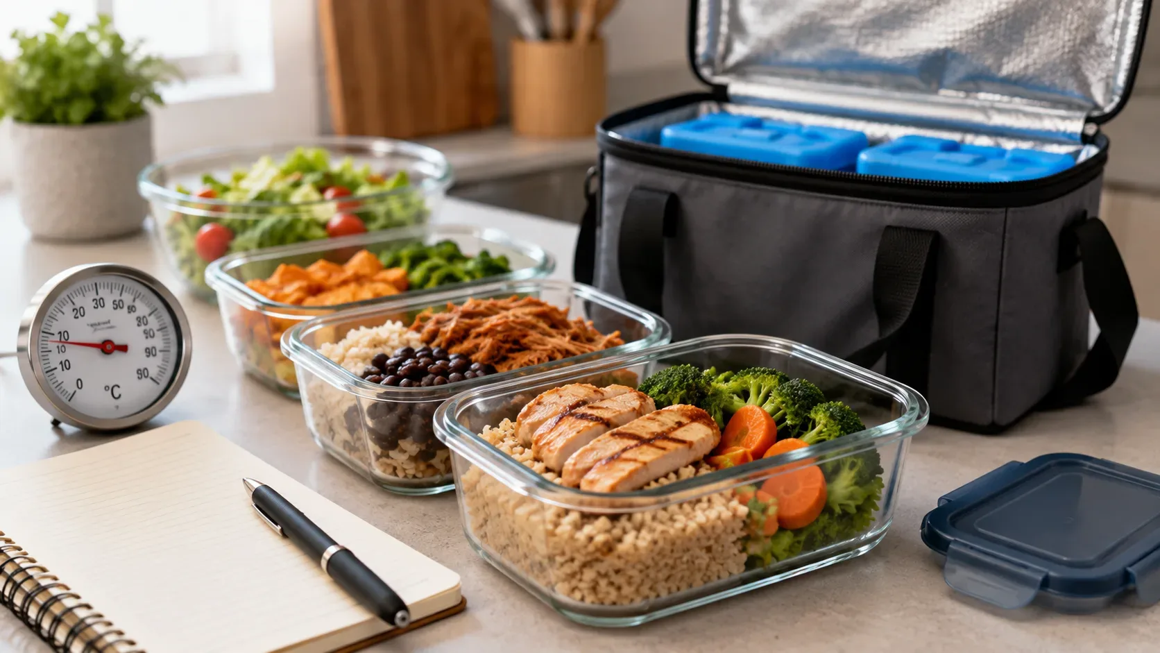 Fluxograma de segurança alimentar mostrando as etapas de preparo, resfriamento, porcionamento e transporte de refeições semanais.
