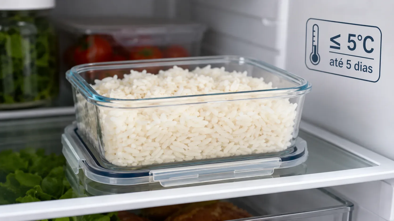 Recipiente de vidro com arroz cozido em uma prateleira de geladeira, ao lado de marcação de temperatura e prazo de refrigeração.