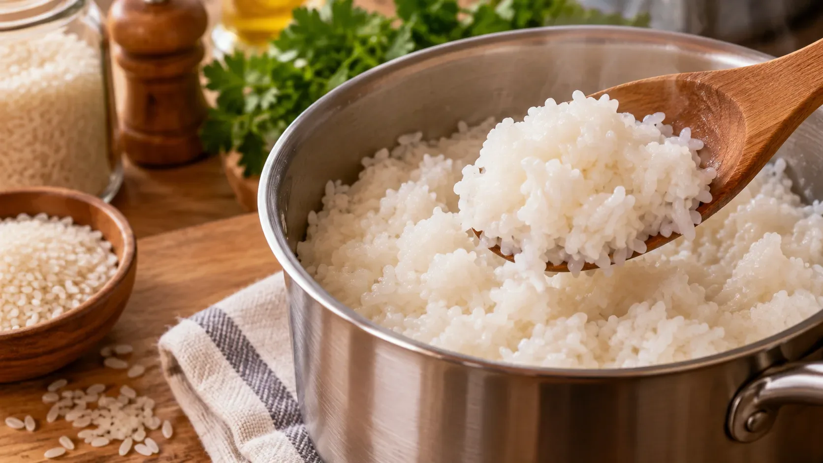 Panela de aço com arroz branco úmido e pegajoso sendo levantado por uma colher de madeira, com grãos crus e utensílios de cozinha ao redor.
