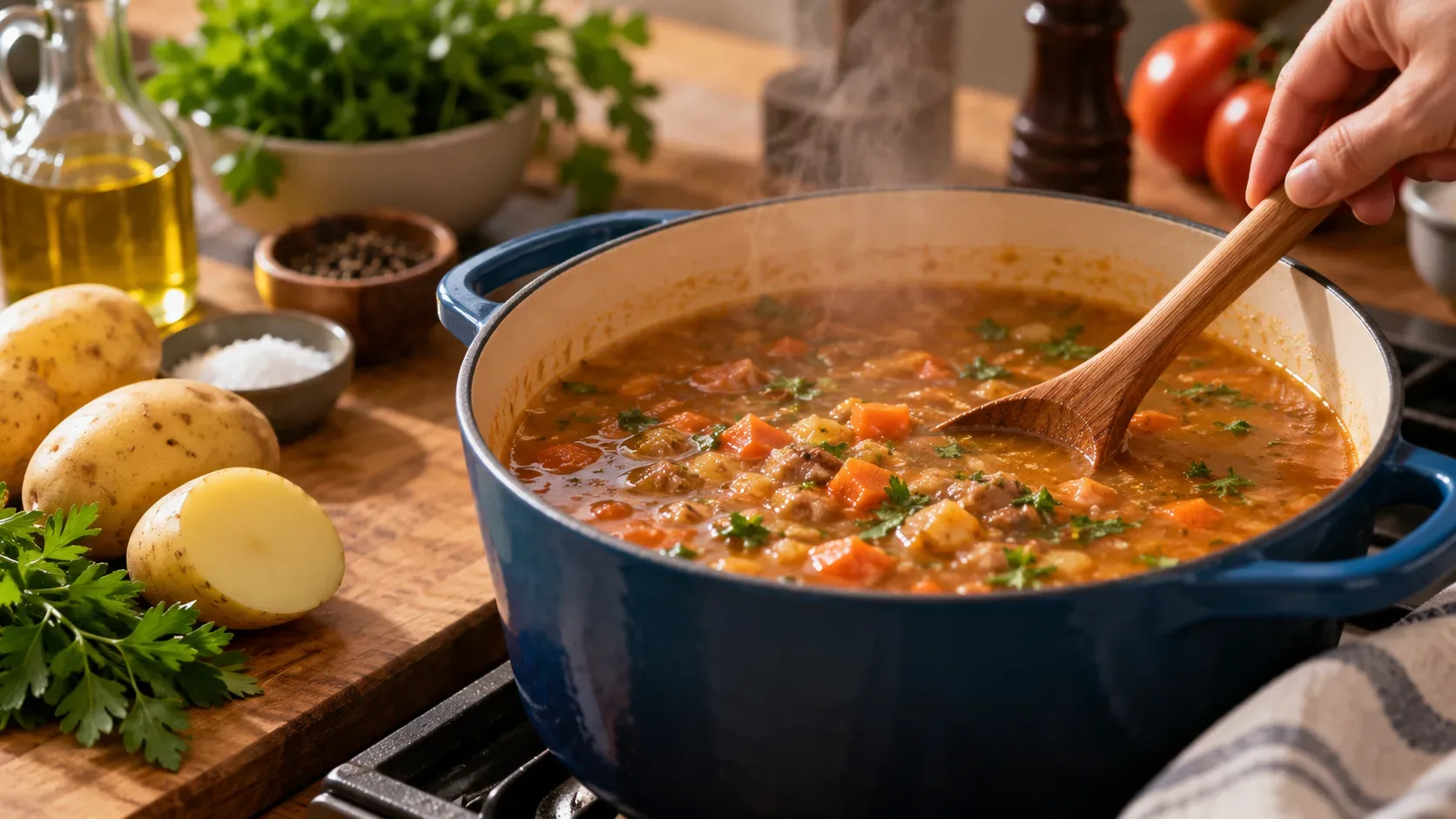 Panela azul com ensopado sendo mexido em uma cozinha, cercada por batatas, ervas, tomates, sal e outros ingredientes.