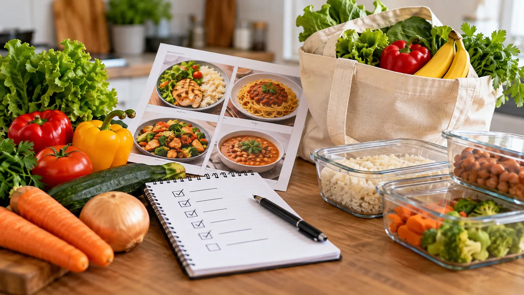 Bancada de cozinha com legumes, sacola de compras, cardápio ilustrado, caderno de lista e recipientes com alimentos preparados.