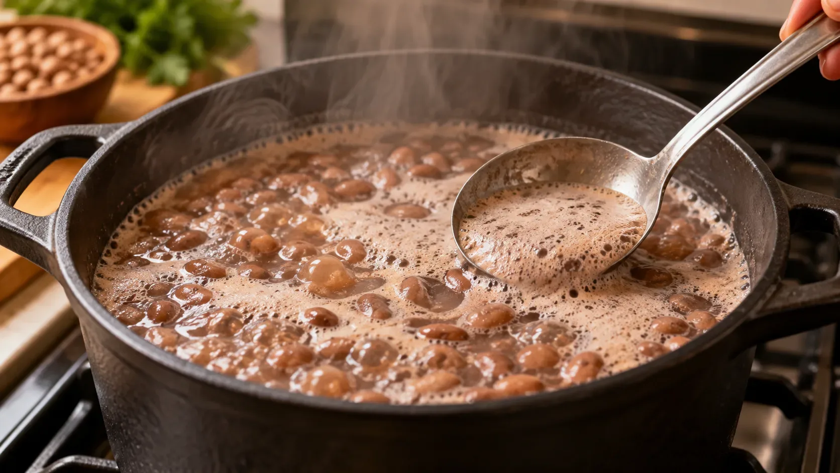 Panela de feijão marrom em fervura, com espuma clara na superfície sendo retirada por uma concha de metal.