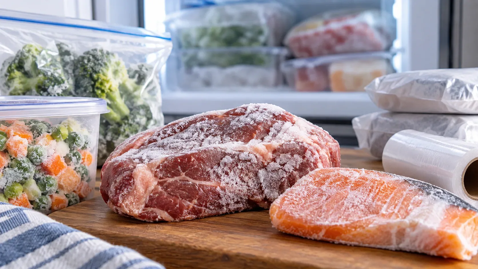 Carne e filé de salmão com cristais de gelo sobre uma tábua, ao lado de legumes congelados e embalagens no freezer.