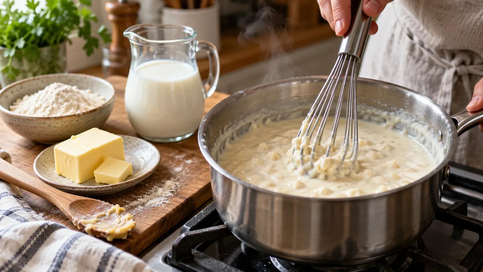Panela de molho branco com grumos sendo mexido com fouet, ao lado de leite, farinha e manteiga sobre a bancada.