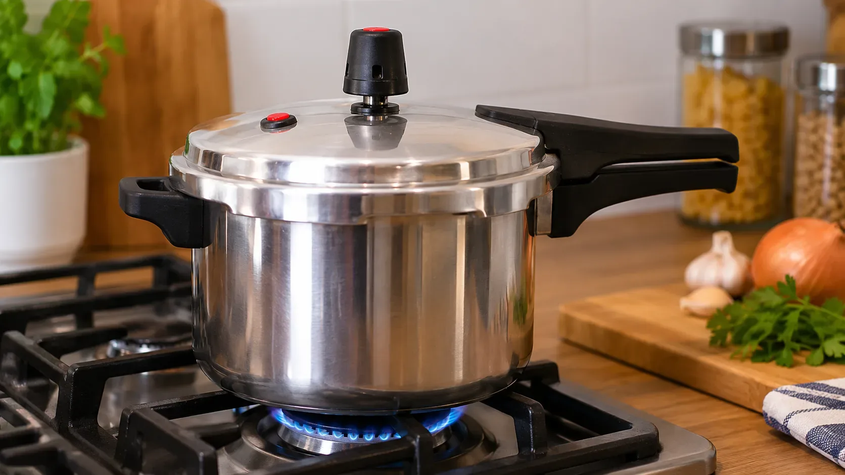 Panela de pressão de aço inox fechada sobre uma chama de fogão, com válvula e dispositivos da tampa visíveis em uma cozinha.