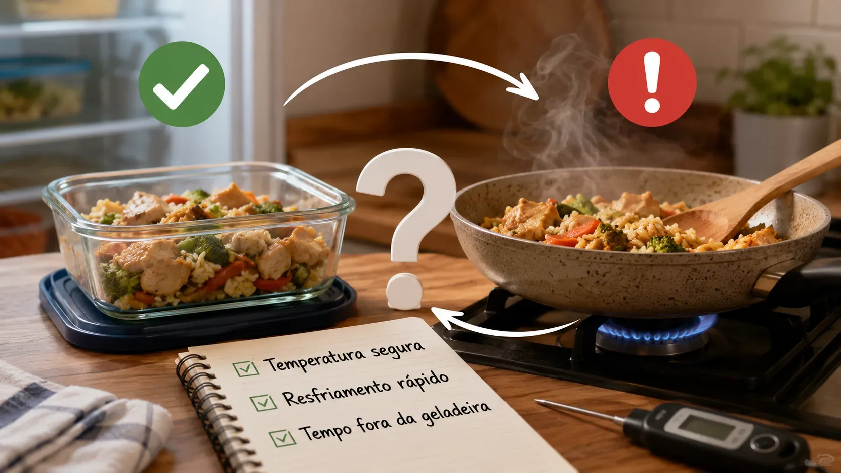 Recipiente de sobras ao lado da geladeira e frigideira com comida sendo reaquecida no fogão, conectados por setas, com termômetro e checklist de segurança em primeiro plano.