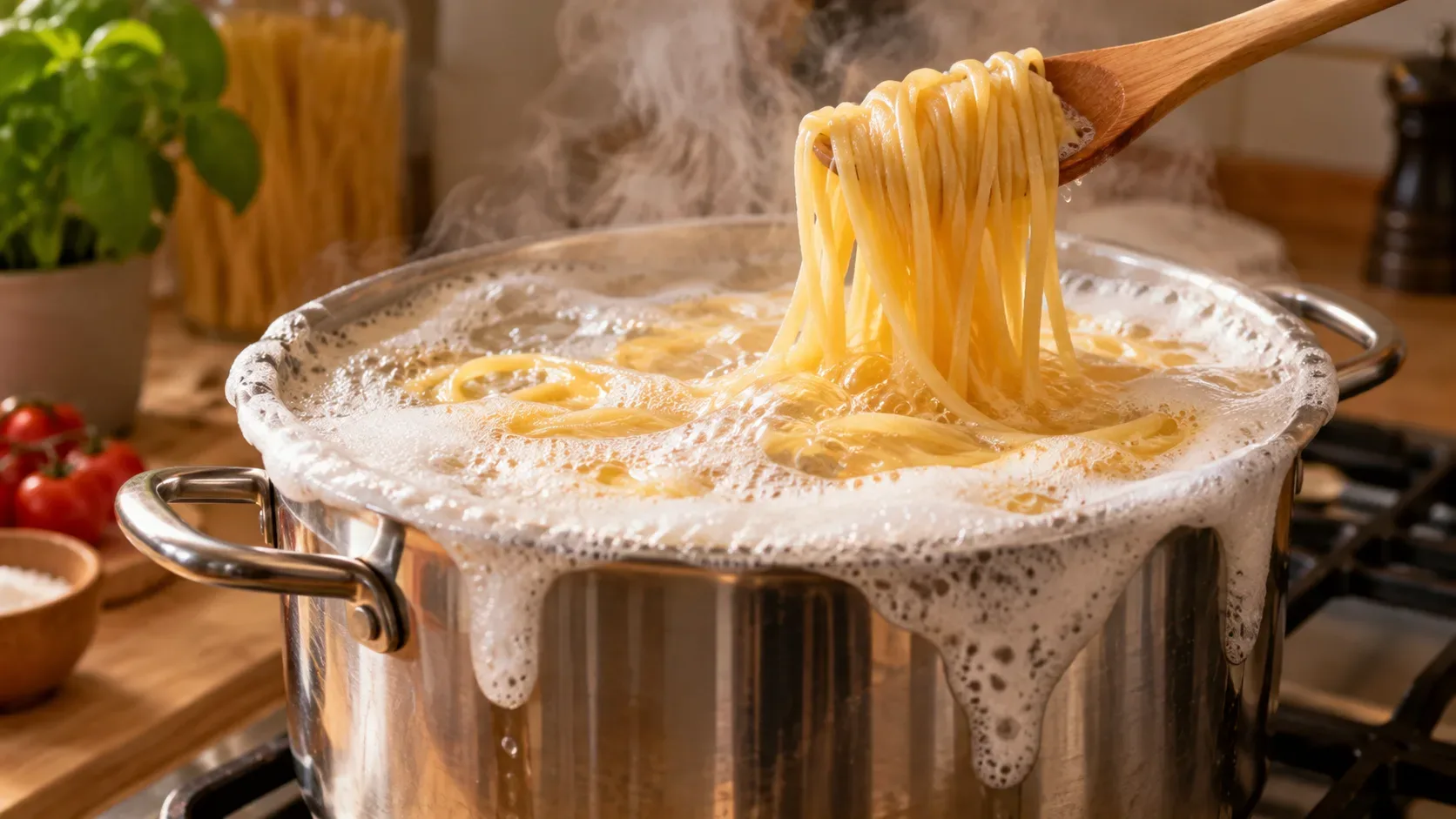 Panela de aço inox com espaguete em água fervente, espuma de amido subindo pelas bordas e colher de madeira erguendo a massa.