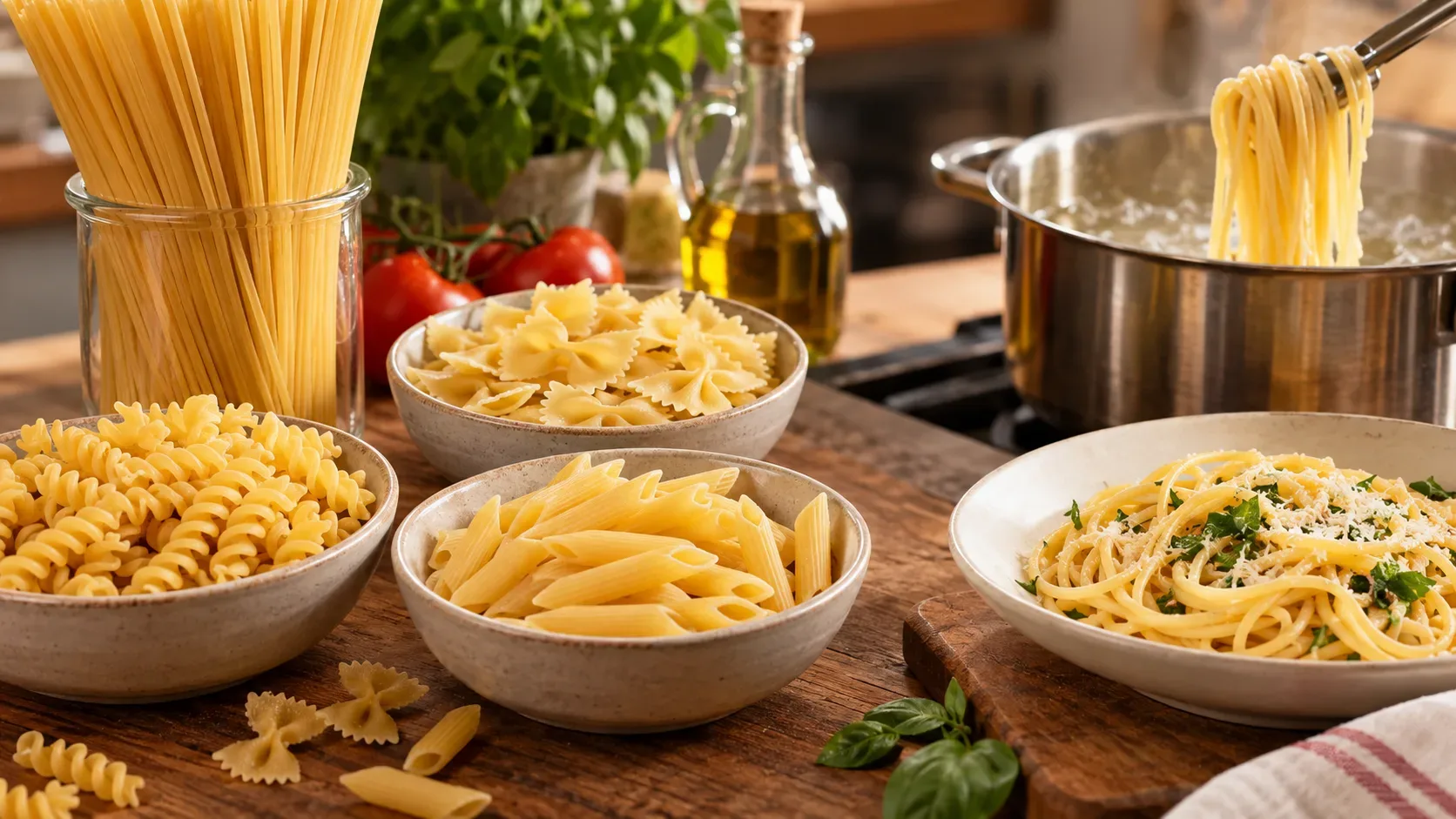 Massas secas em vários formatos sobre bancada de madeira, panela com espaguete cozinhando e prato de macarrão servido com ervas e queijo.