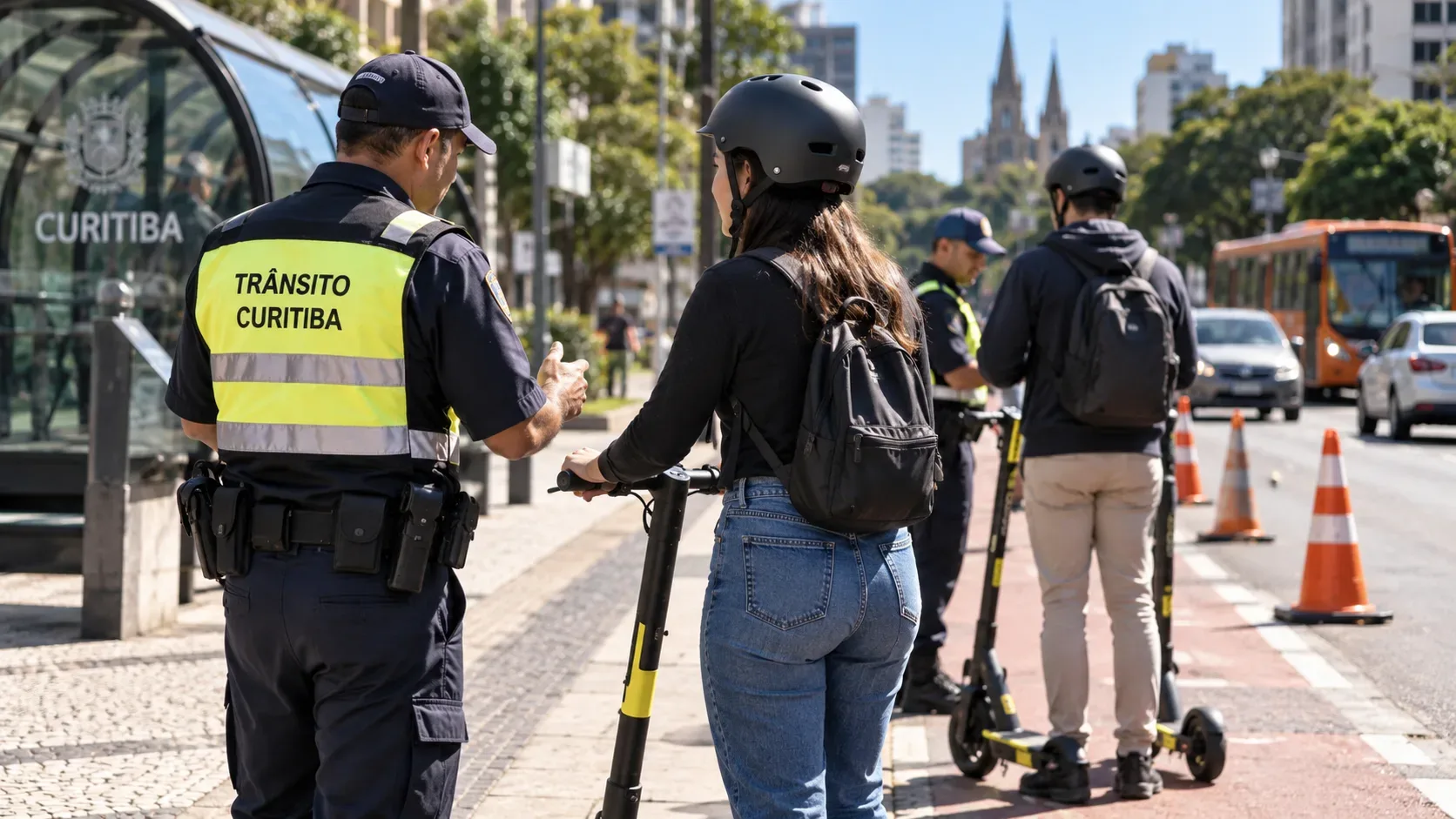 Agente de trânsito orienta uma usuária com capacete ao lado de um patinete em uma via urbana de Curitiba, com cones e ônibus ao fundo.