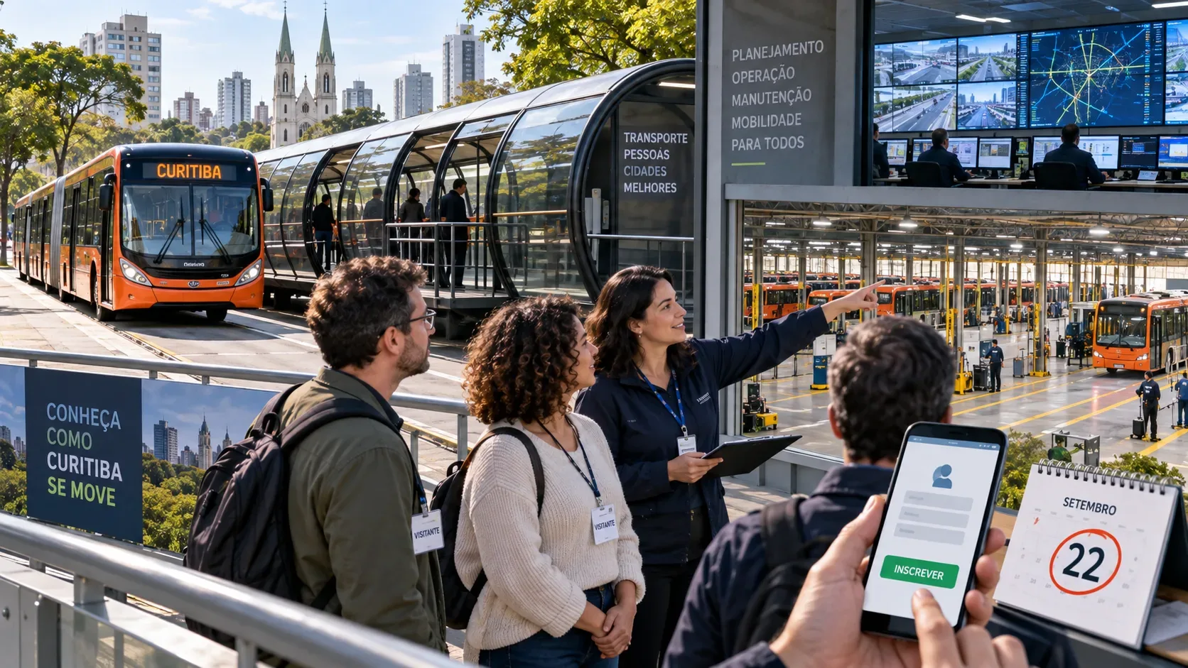 Ônibus articulado de Curitiba ao lado de estação-tubo, visitantes em tour guiado diante de um centro de controle e garagem, com celular de inscrição e calendário marcando 22 de setembro em primeiro plano.