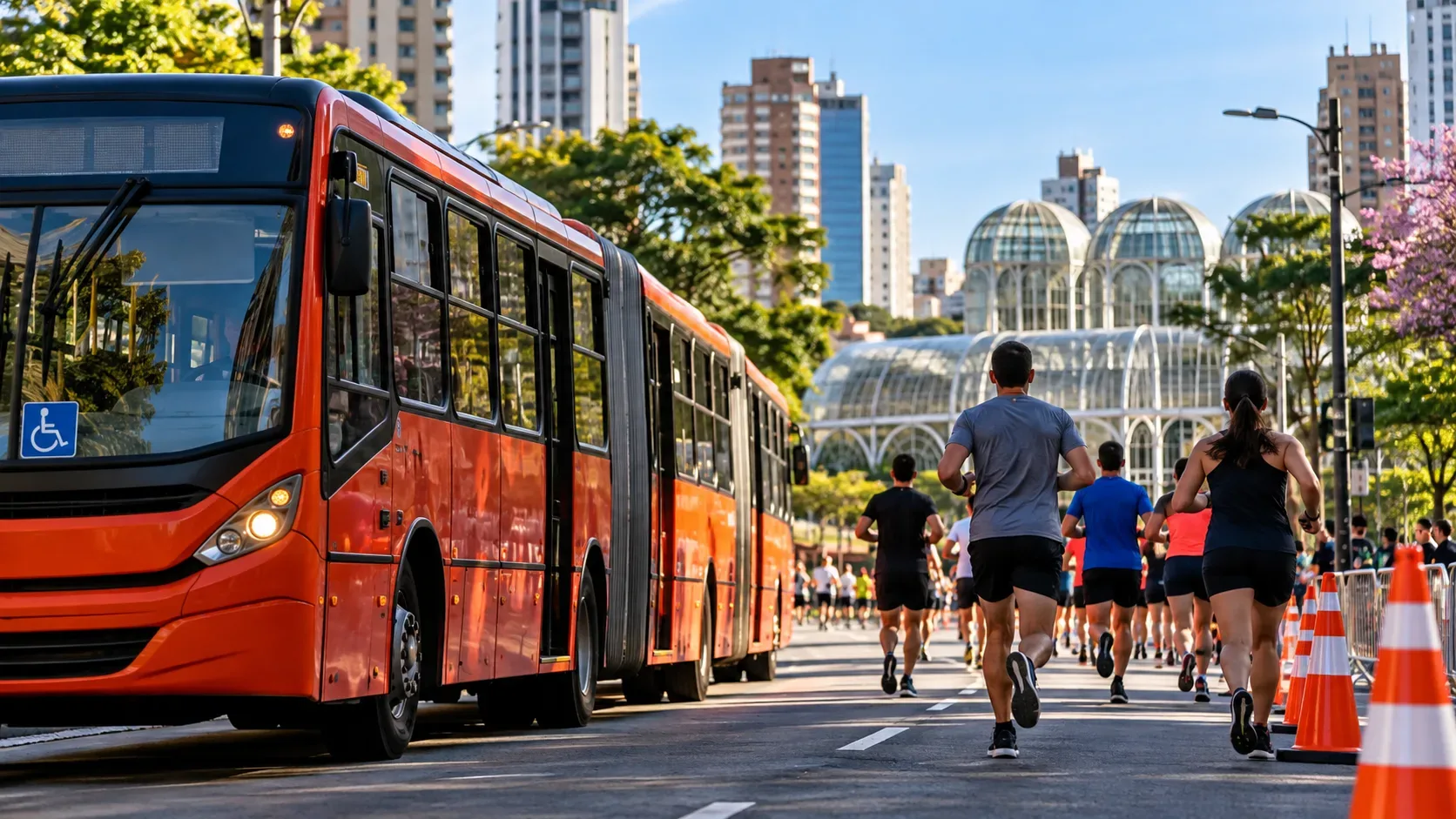Ônibus articulado vermelho ao lado de corredores em avenida urbana de Curitiba, com cones de sinalização e estrutura envidraçada ao fundo