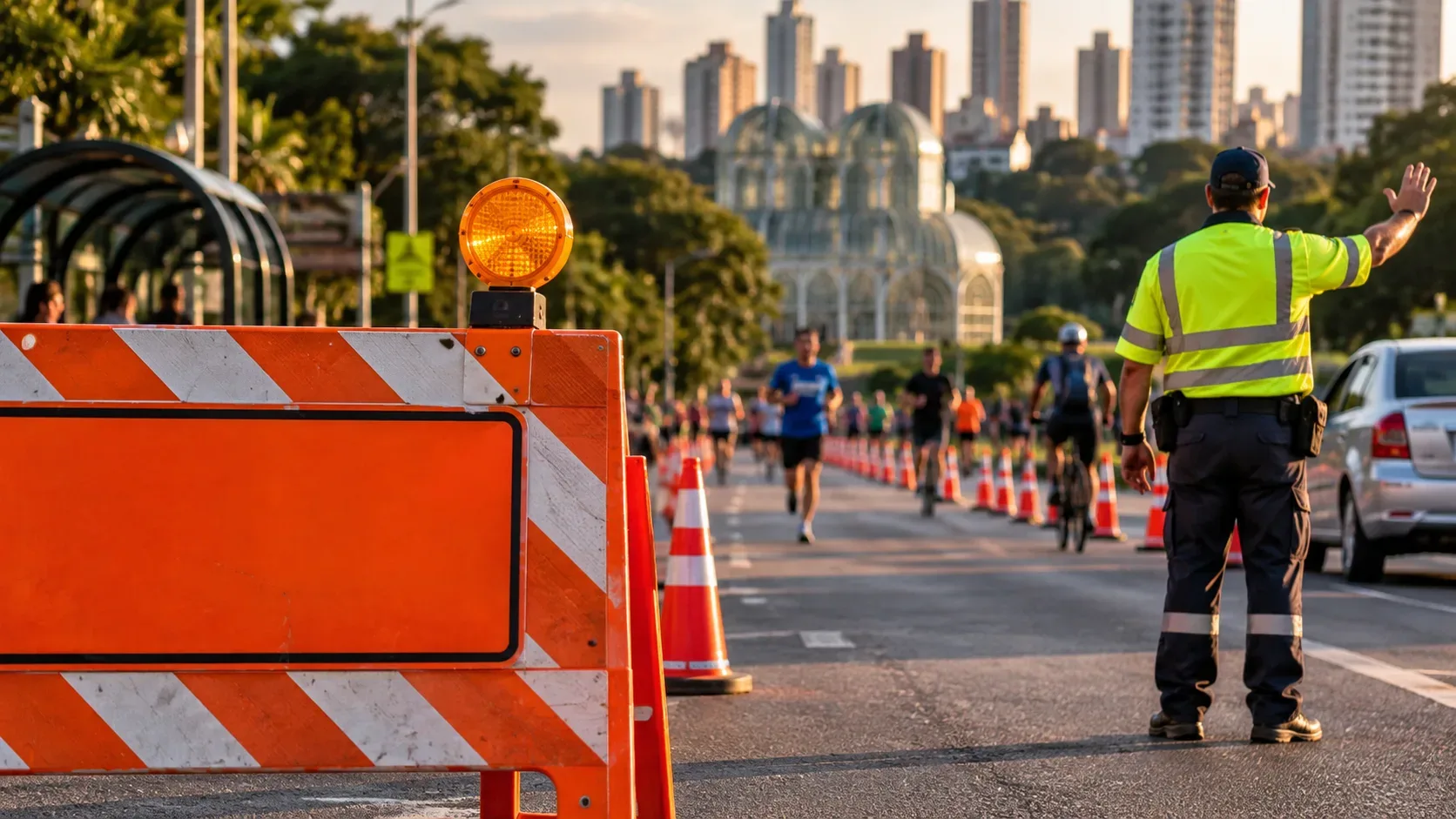 Barreira laranja, cones e agente de trânsito orientando uma via temporariamente fechada, com corredores e ciclistas ao fundo em cenário urbano arborizado.
