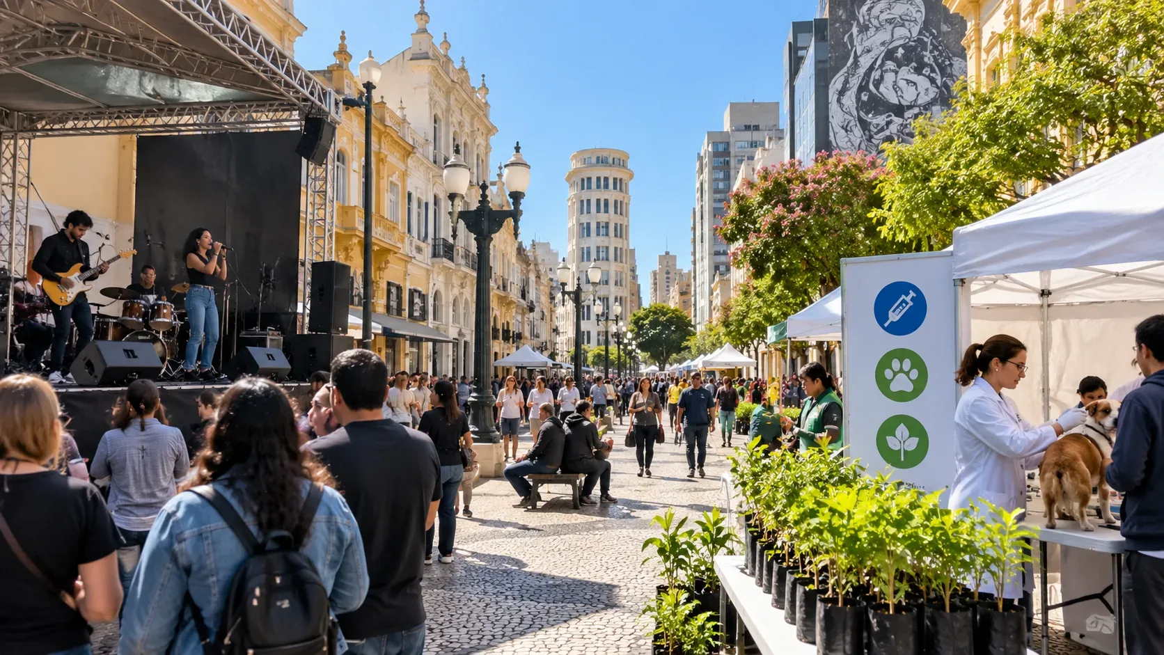 Cena ilustrativa de evento urbano com palco de música, atendimento a um cão e mudas de árvores em tendas de serviços.