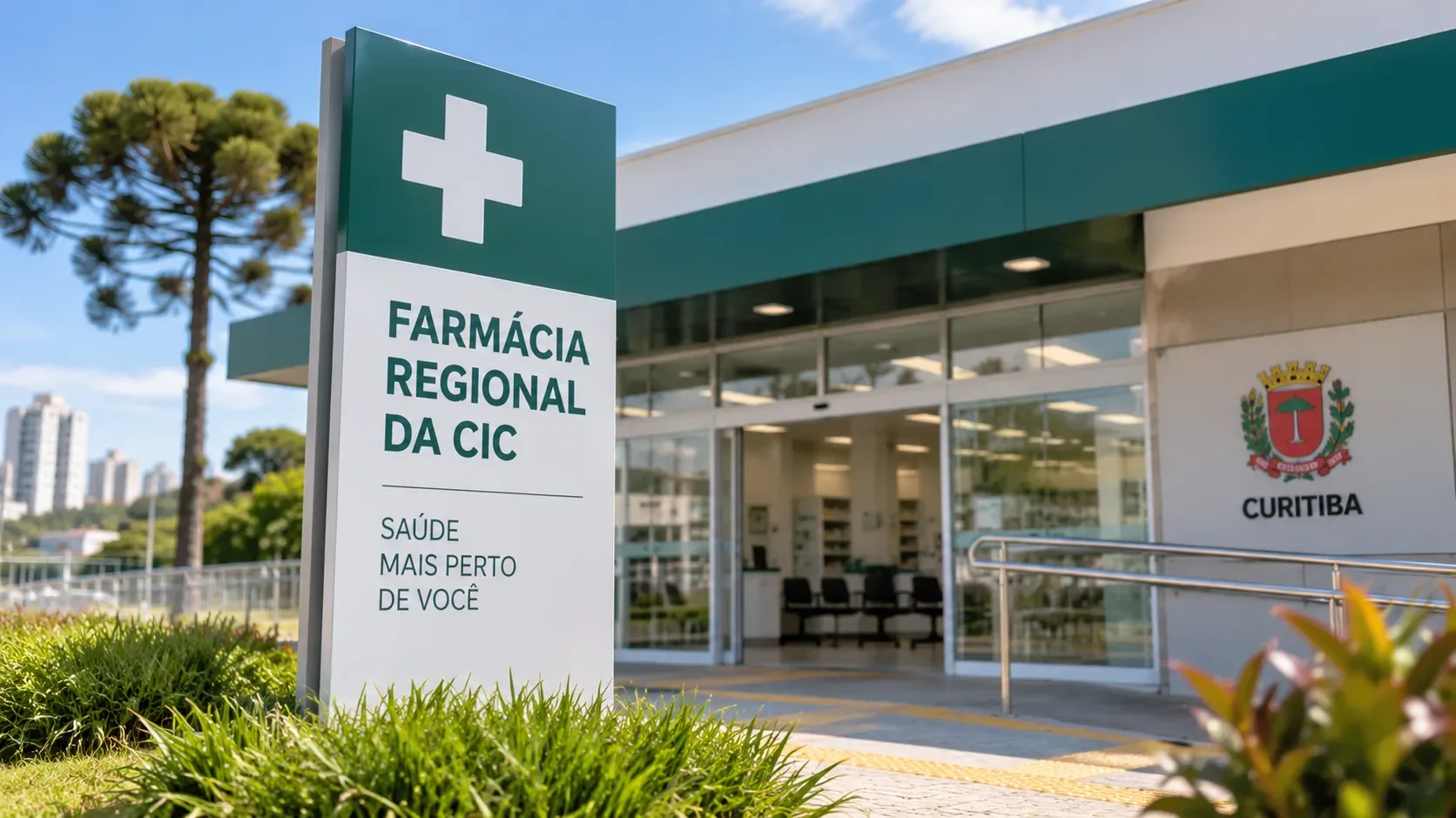 Fachada de uma farmácia municipal moderna em Curitiba, com sinalização da Farmácia Regional da CIC, entrada acessível e araucária ao fundo.