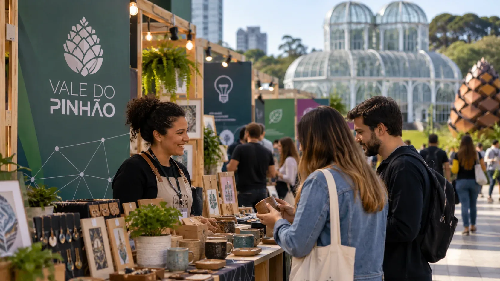Feira ao ar livre com barracas de pequenos empreendedores, produtos artesanais e visitantes, com uma grande estufa de vidro e uma escultura em forma de pinha ao fundo.