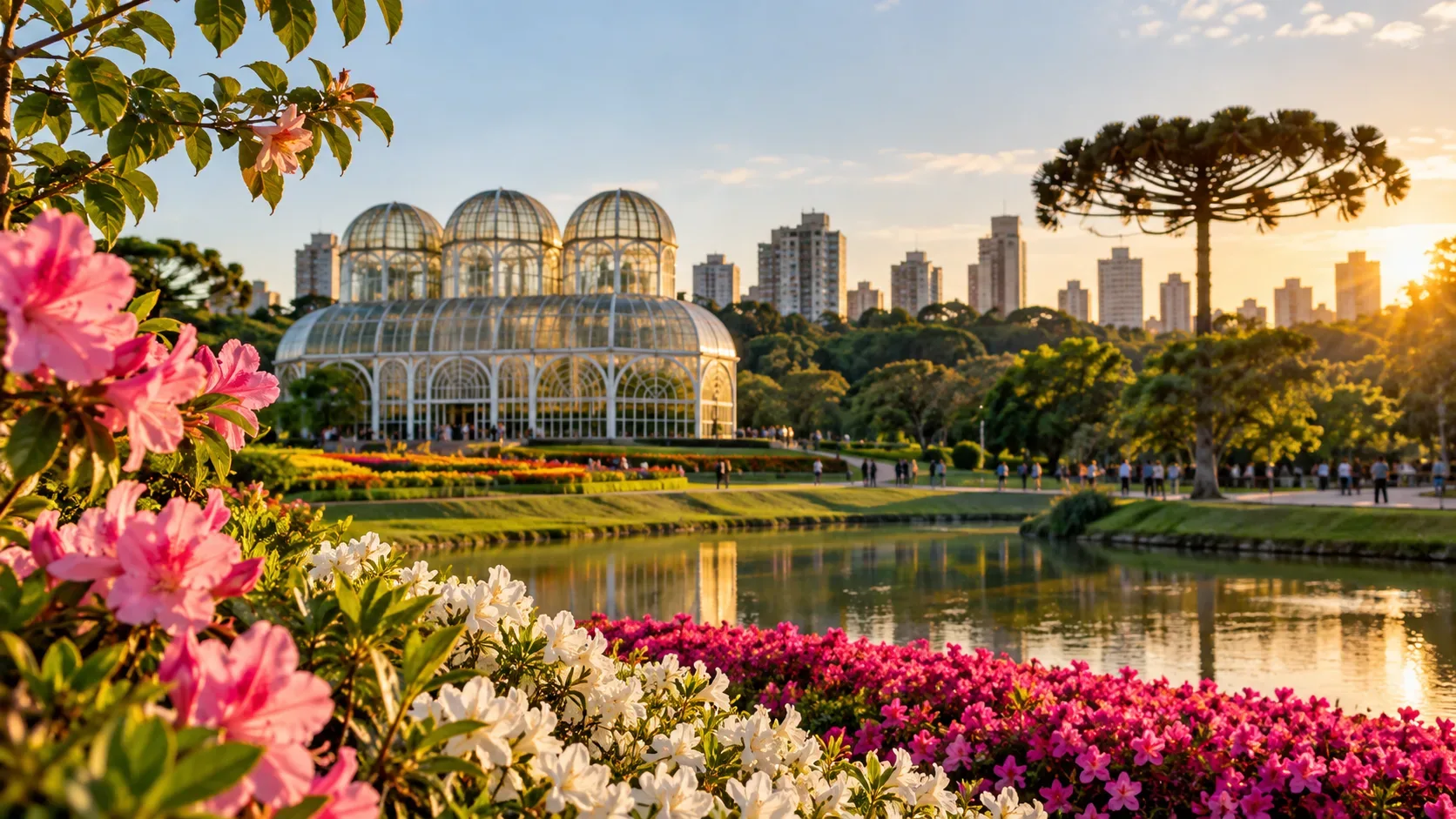 Flores coloridas em primeiro plano, estufa de vidro do Jardim Botânico, lago, araucária e skyline de Curitiba ao pôr do sol.
